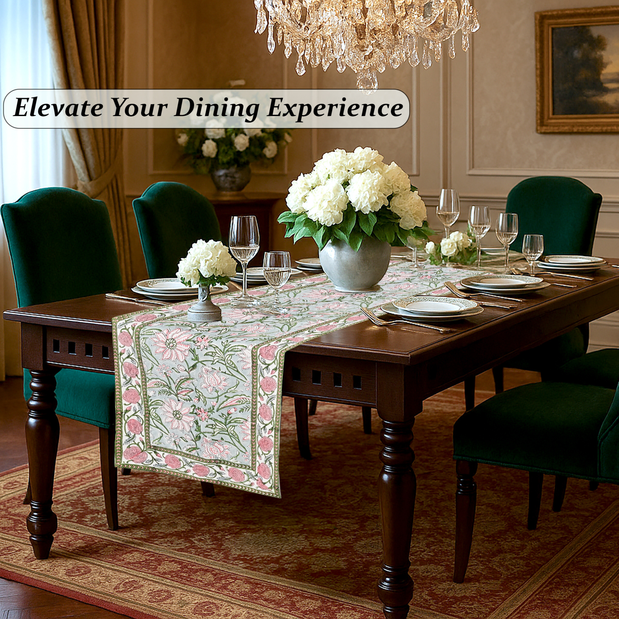 Dining room with a table set for dinner, floral centerpieces, and a chandelier.