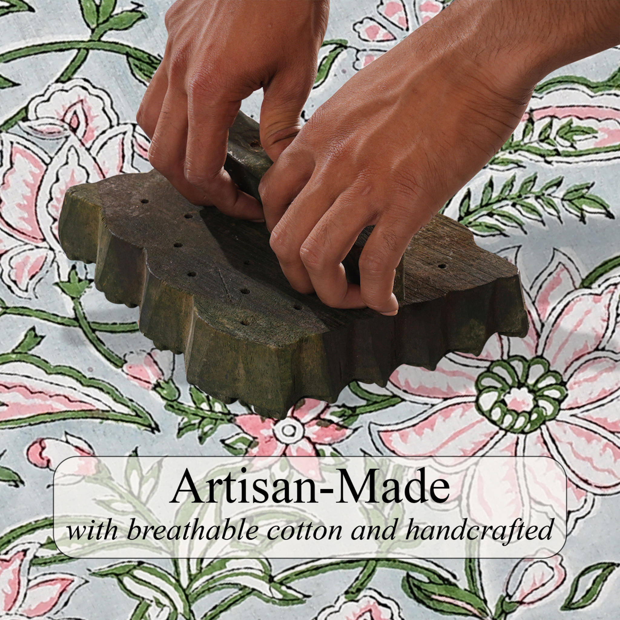 Hands using a wooden tool on a floral fabric background with 'Artisan-Made' text overlay.