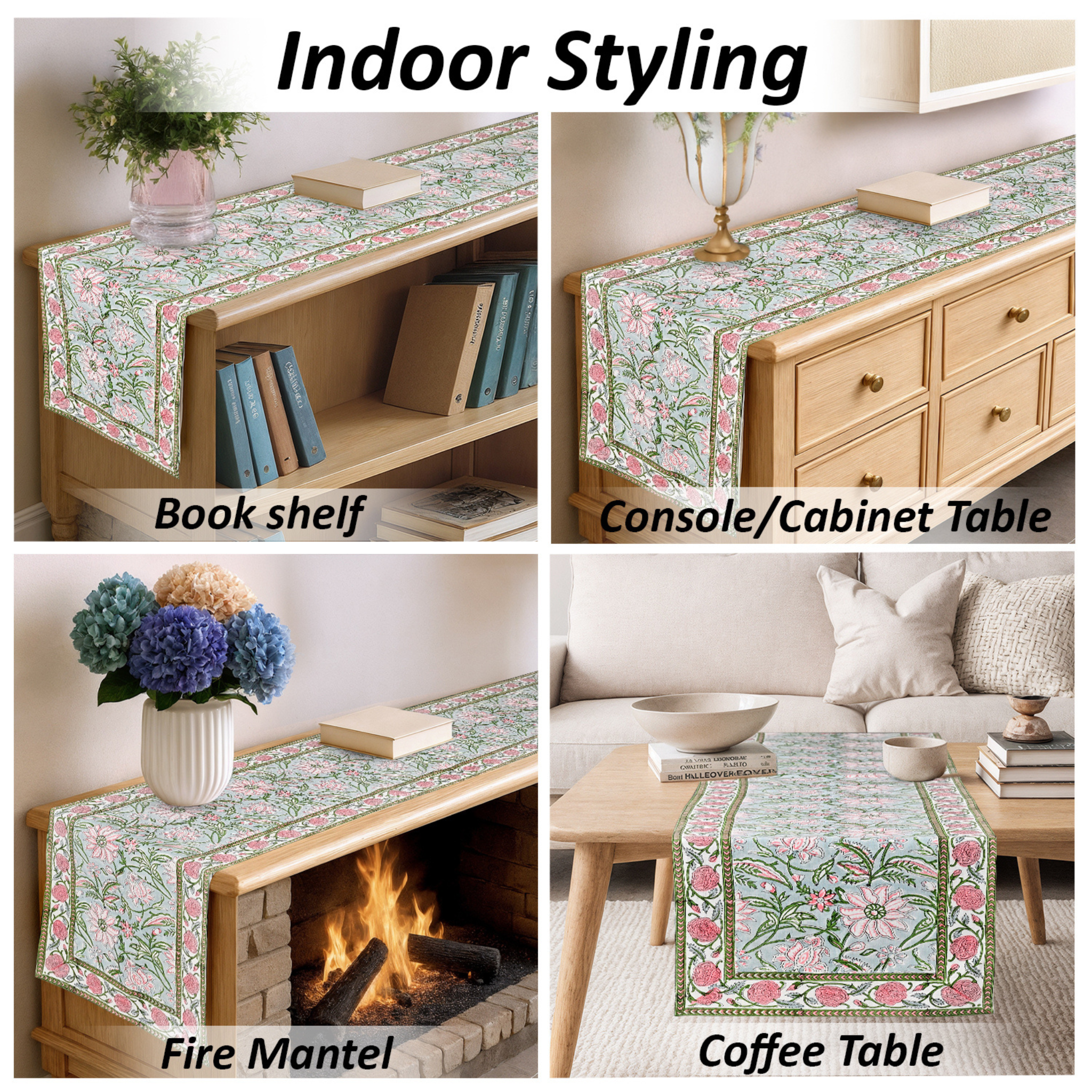 Floral table runner displayed on various furniture pieces with text 'Indoor Styling'.