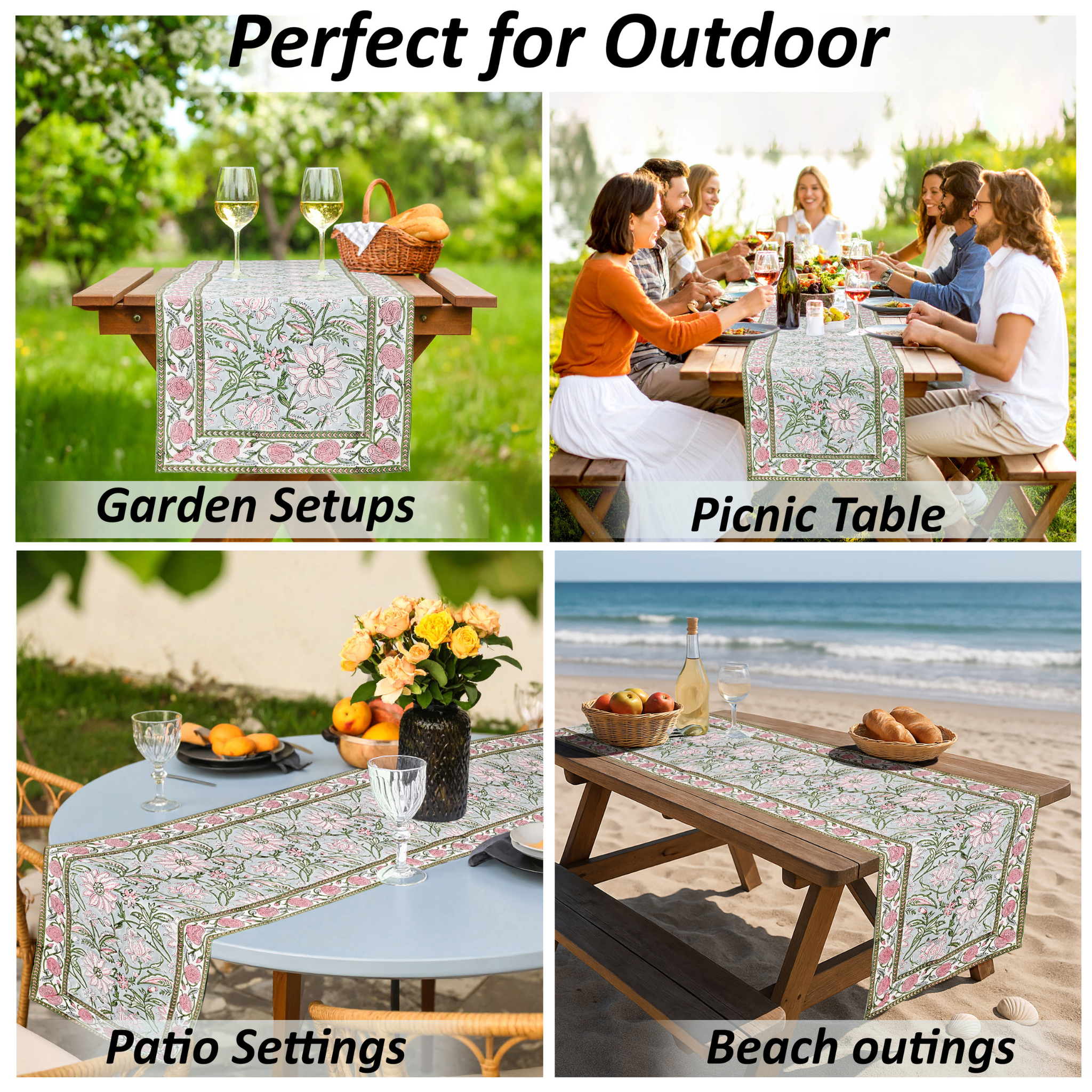 Floral table runner used in various outdoor settings including a garden, picnic table, patio, and beach.