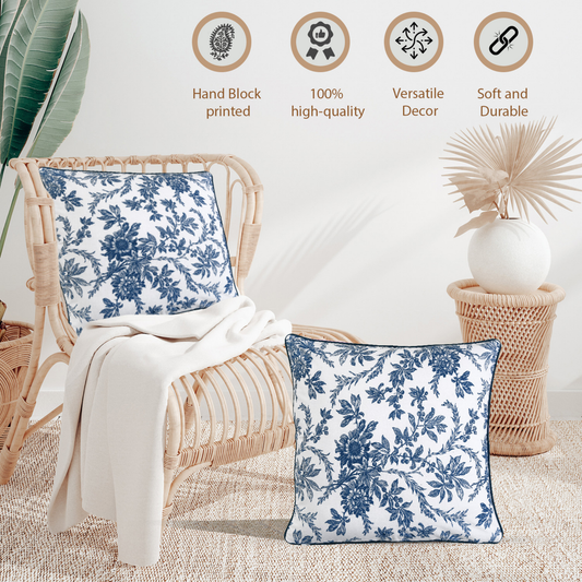 Blue floral cushions on a wicker chair with decorative elements and quality indicators.
