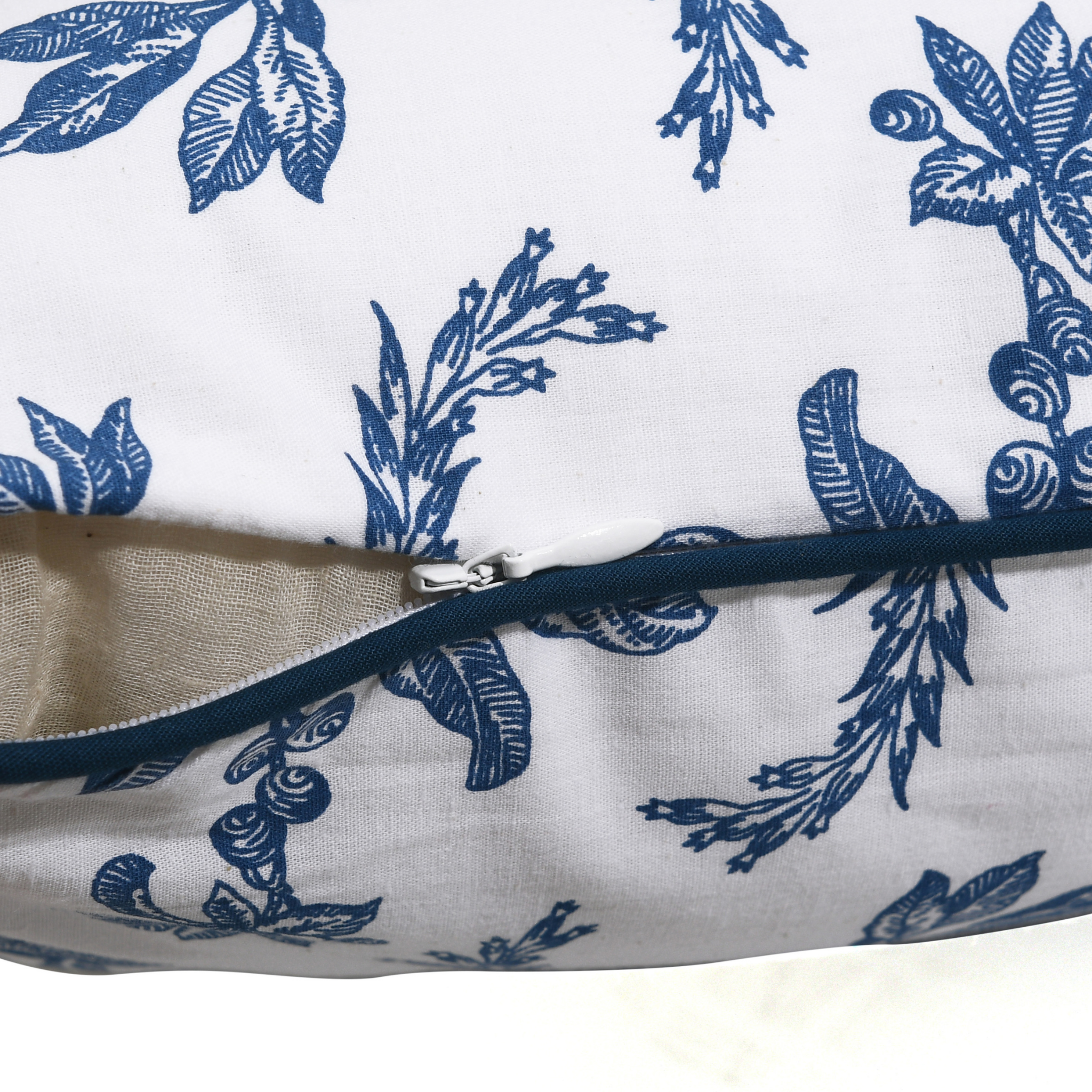 Close-up of a pillow with blue floral pattern on white background