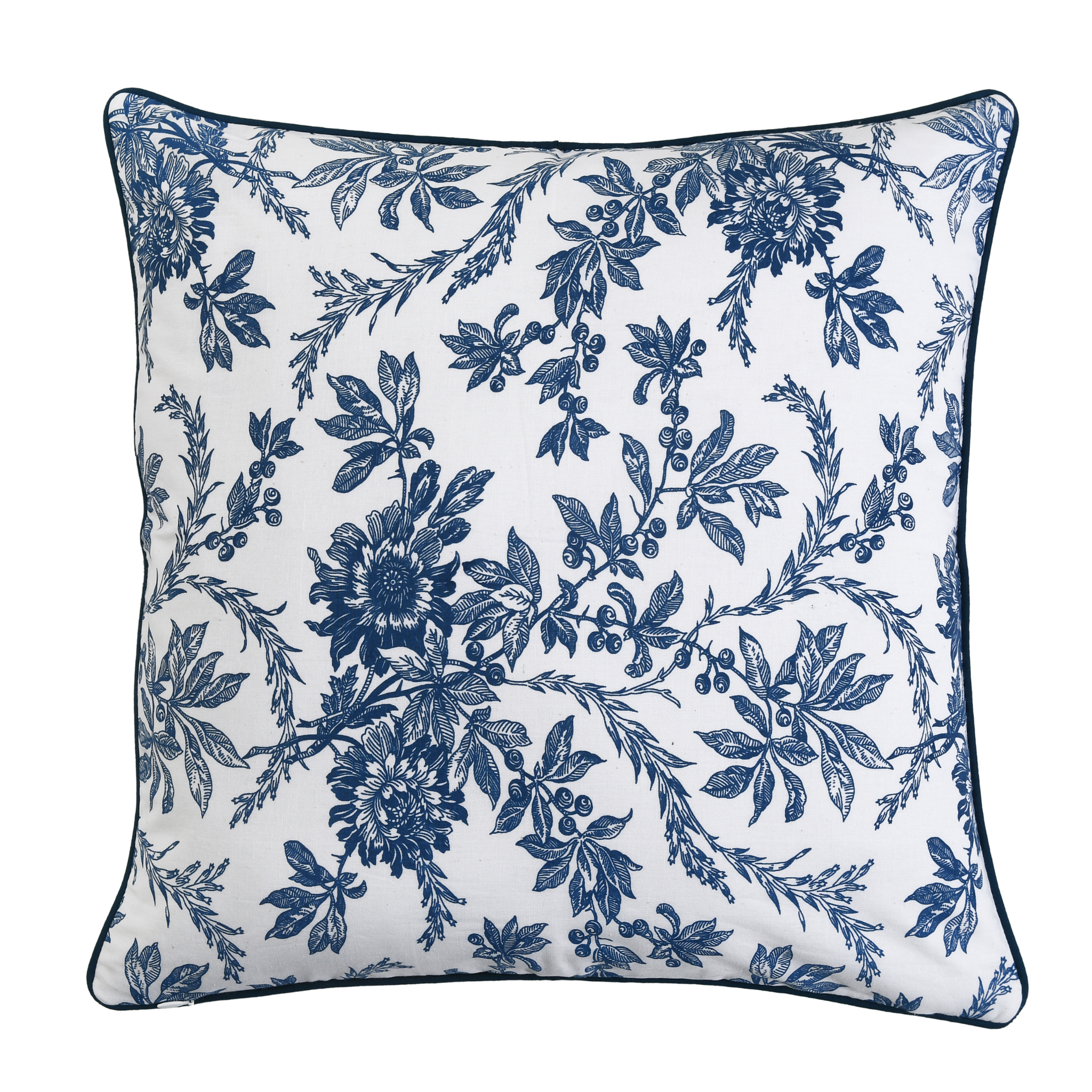 Floral patterned pillow with blue design on a white background