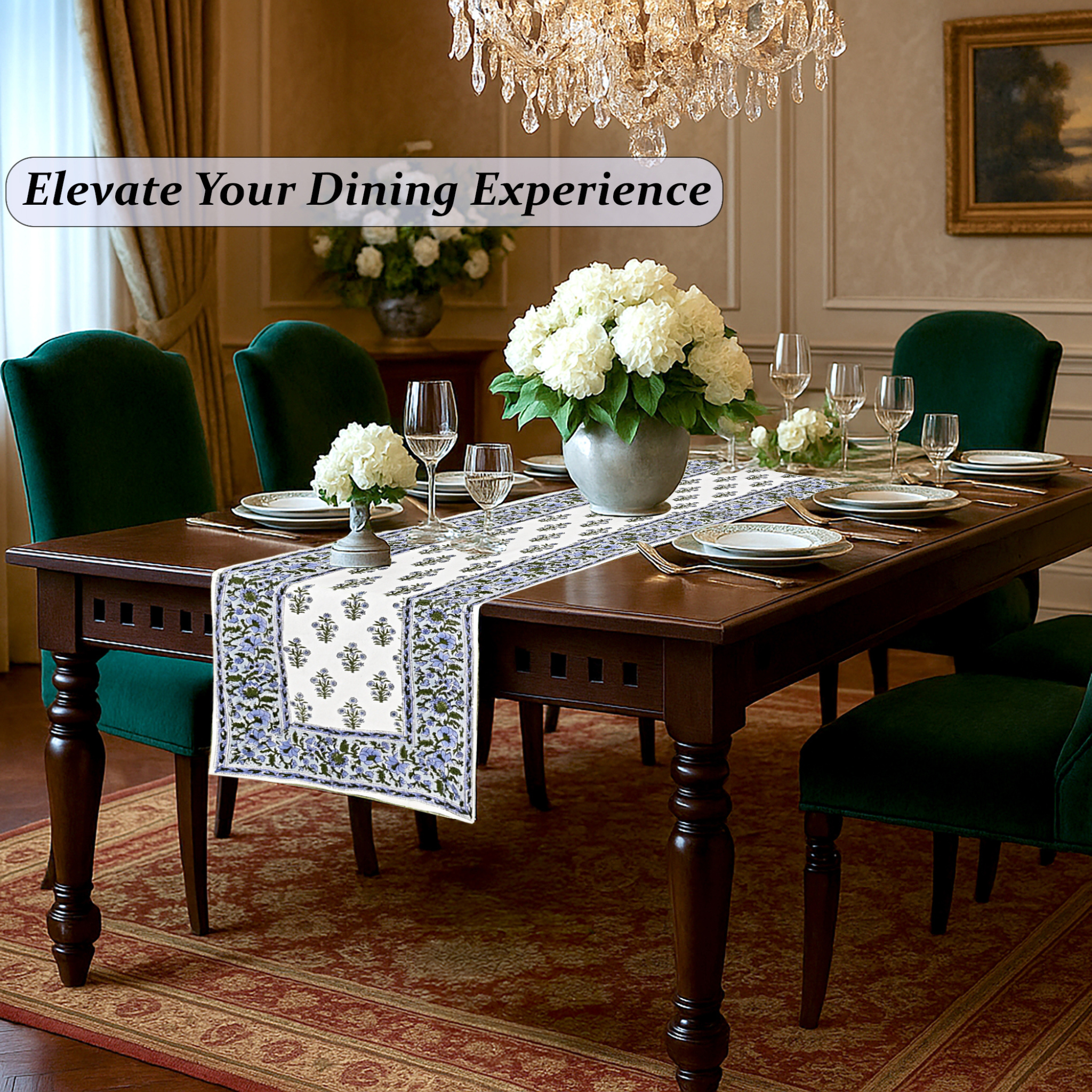 Dining room with a set table, flowers, and a chandelier, promoting an elevated dining experience.