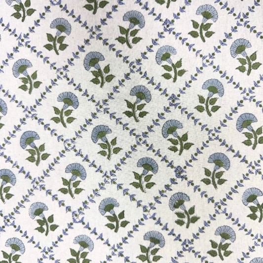 Pattern of blue and green flowers on a white background