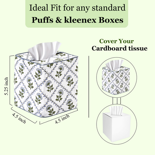 Floral-patterned tissue box cover with dimensions and usage instructions on a light green background