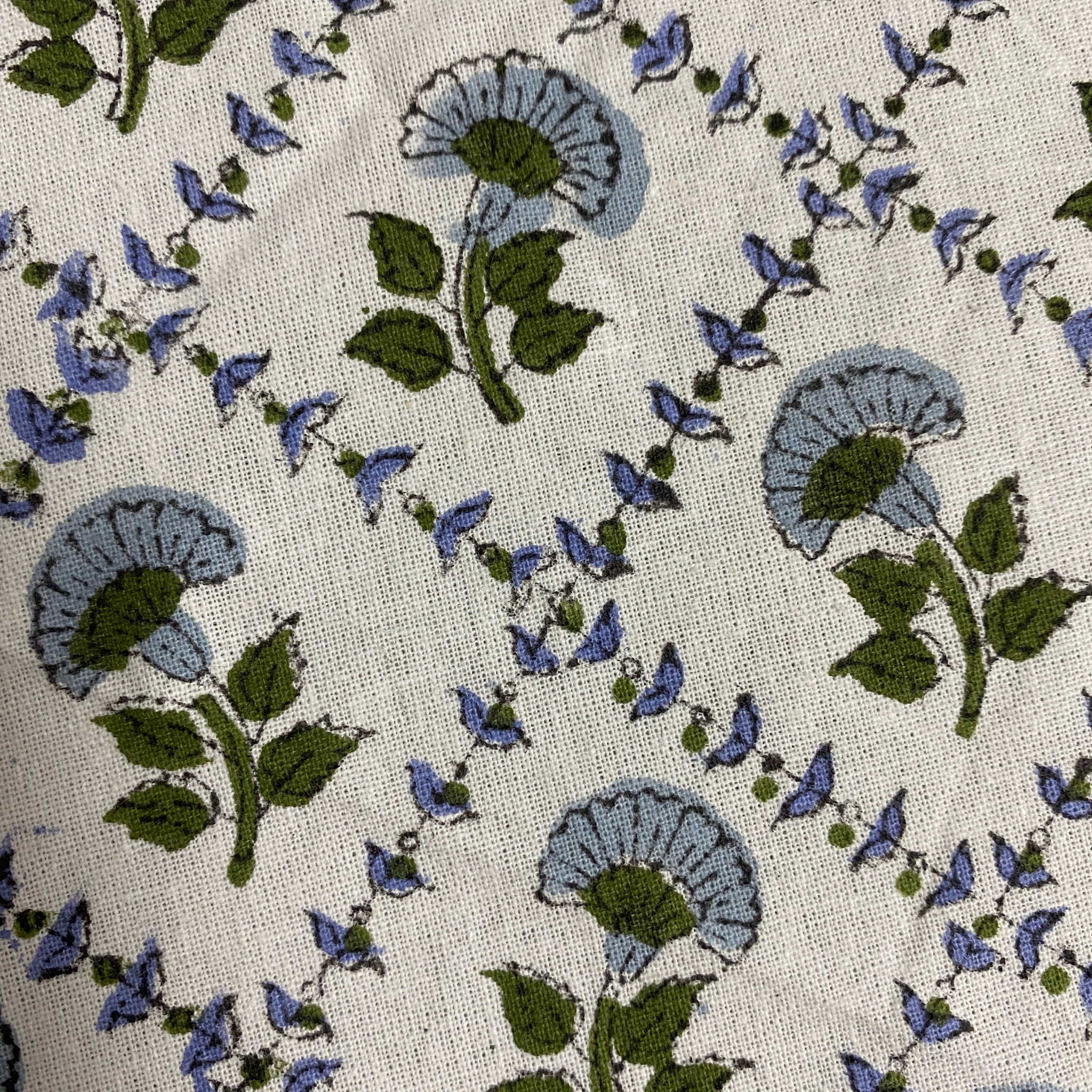 Floral pattern with blue flowers and green leaves on a beige background
