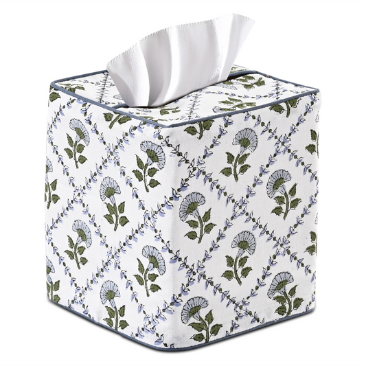 Square tissue box cover with floral pattern on a white background