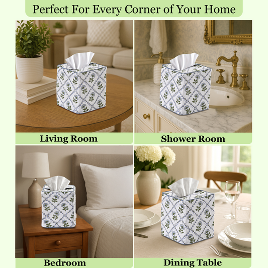 Floral-patterned tissue box cover displayed in various home settings.