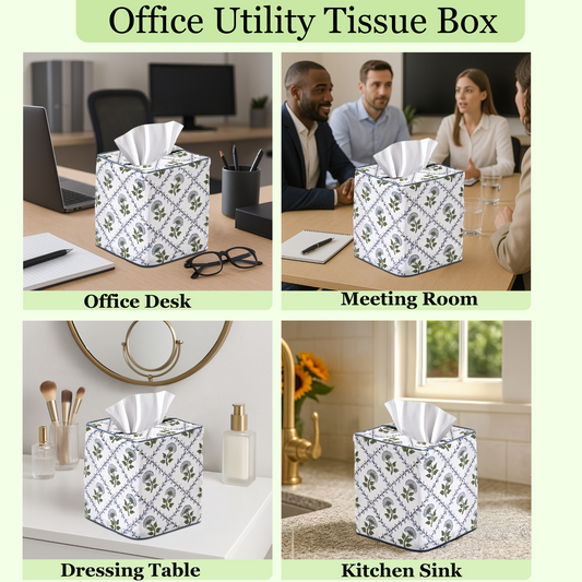 Floral-patterned office utility tissue box in various settings including an office desk, meeting room, dressing table, and kitchen sink.