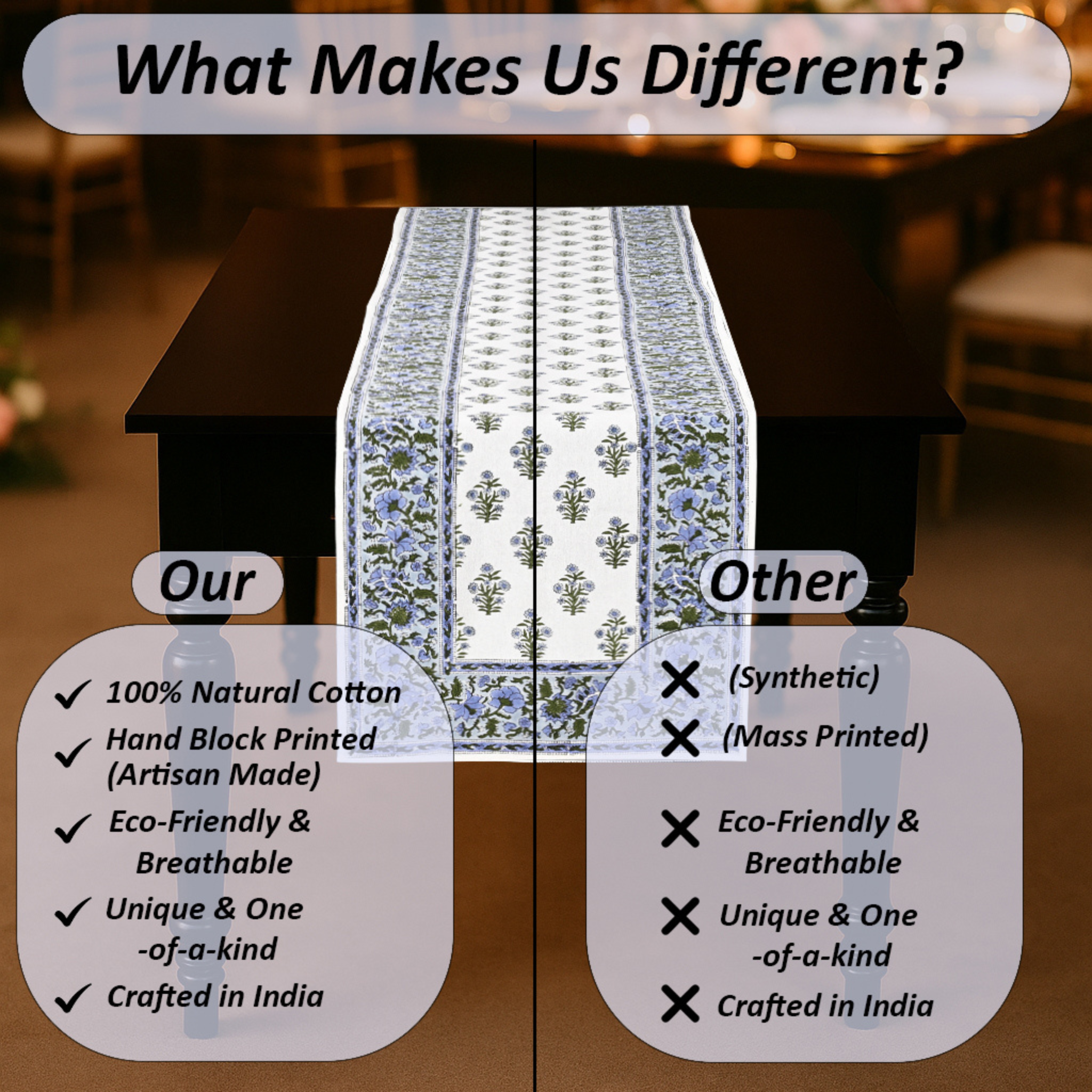 Table runner with text comparing 100% natural cotton to synthetic materials