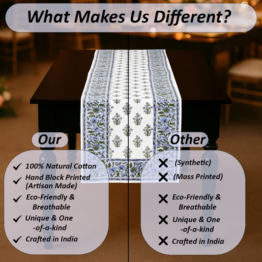 Table runner with text comparing 100% natural cotton to synthetic materials