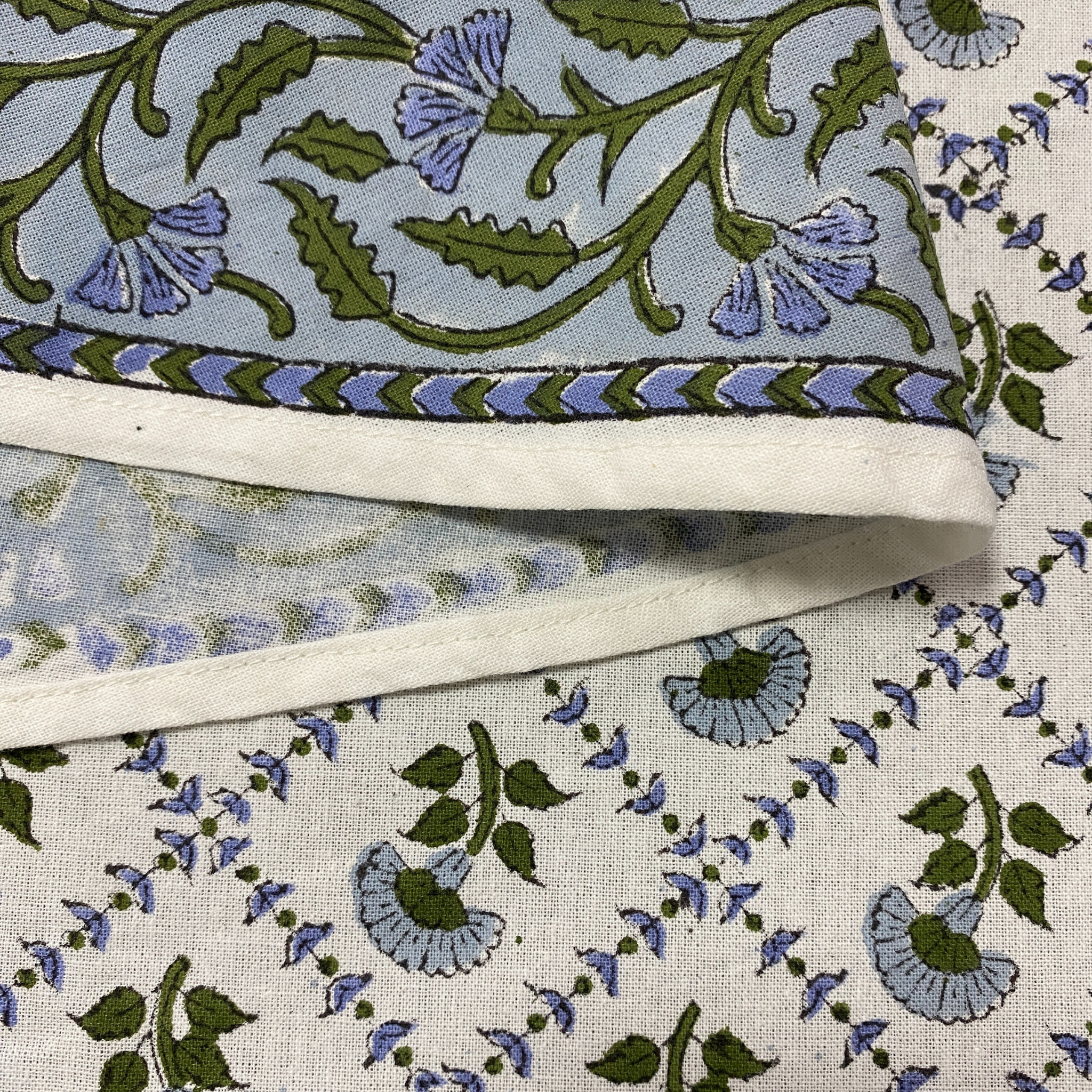 Close-up of floral fabric with blue and green patterns on a white background