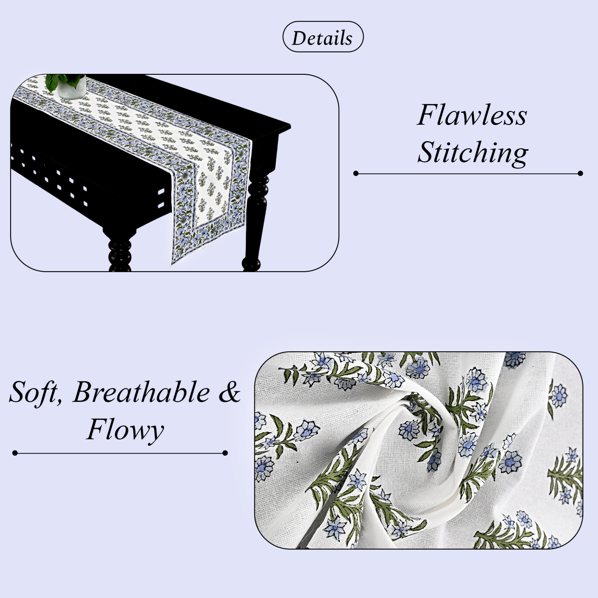 Tablecloth with floral pattern on a table, highlighting 'Flawless Stitching' and 'Soft, Breathable & Flowy' qualities.