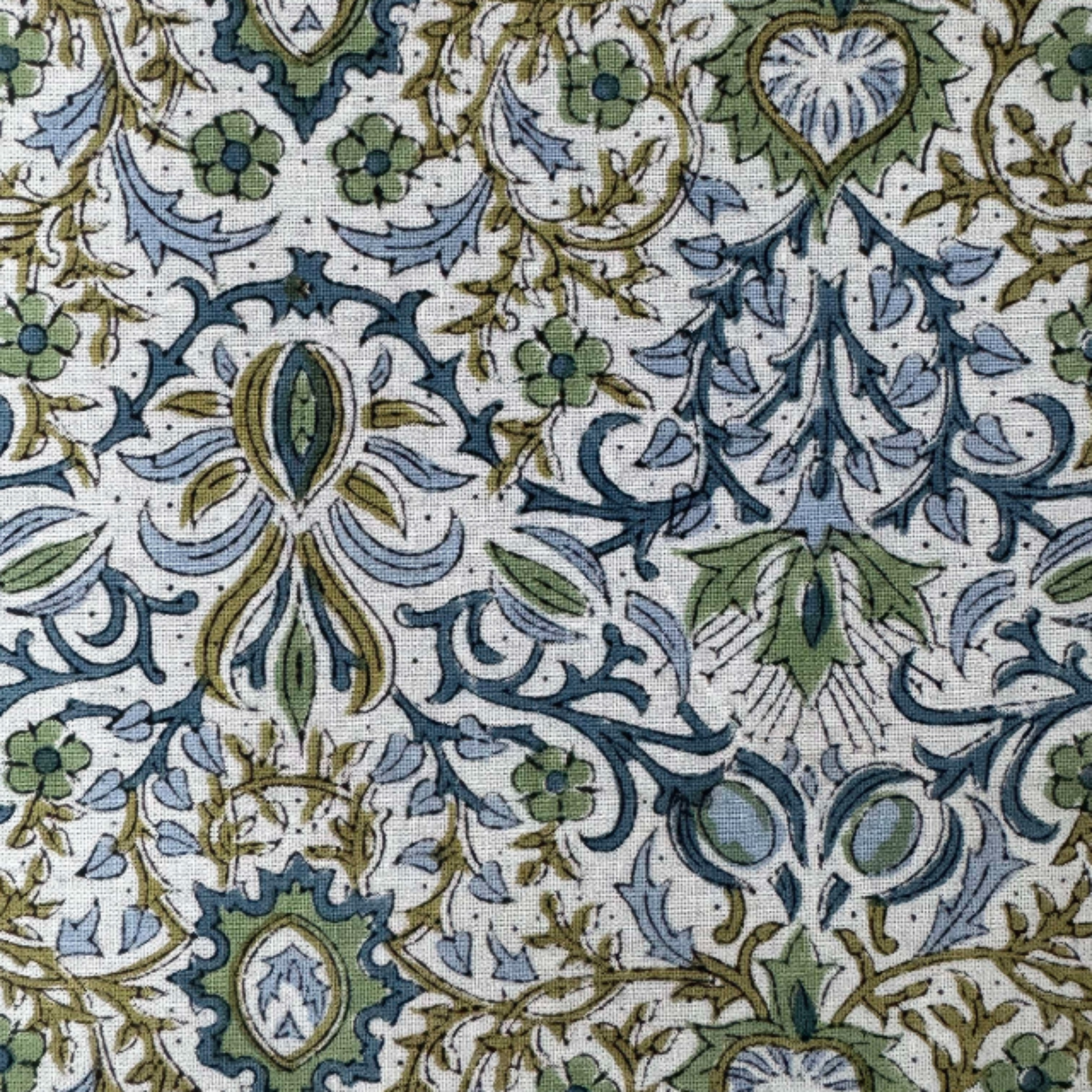 Close-up of a floral and leaf pattern with blue, green, and brown colors on a white background.