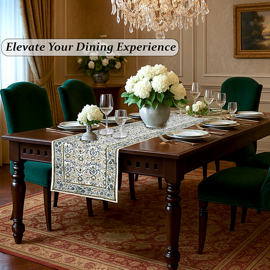 Dining room with a set table, flowers, and a chandelier.