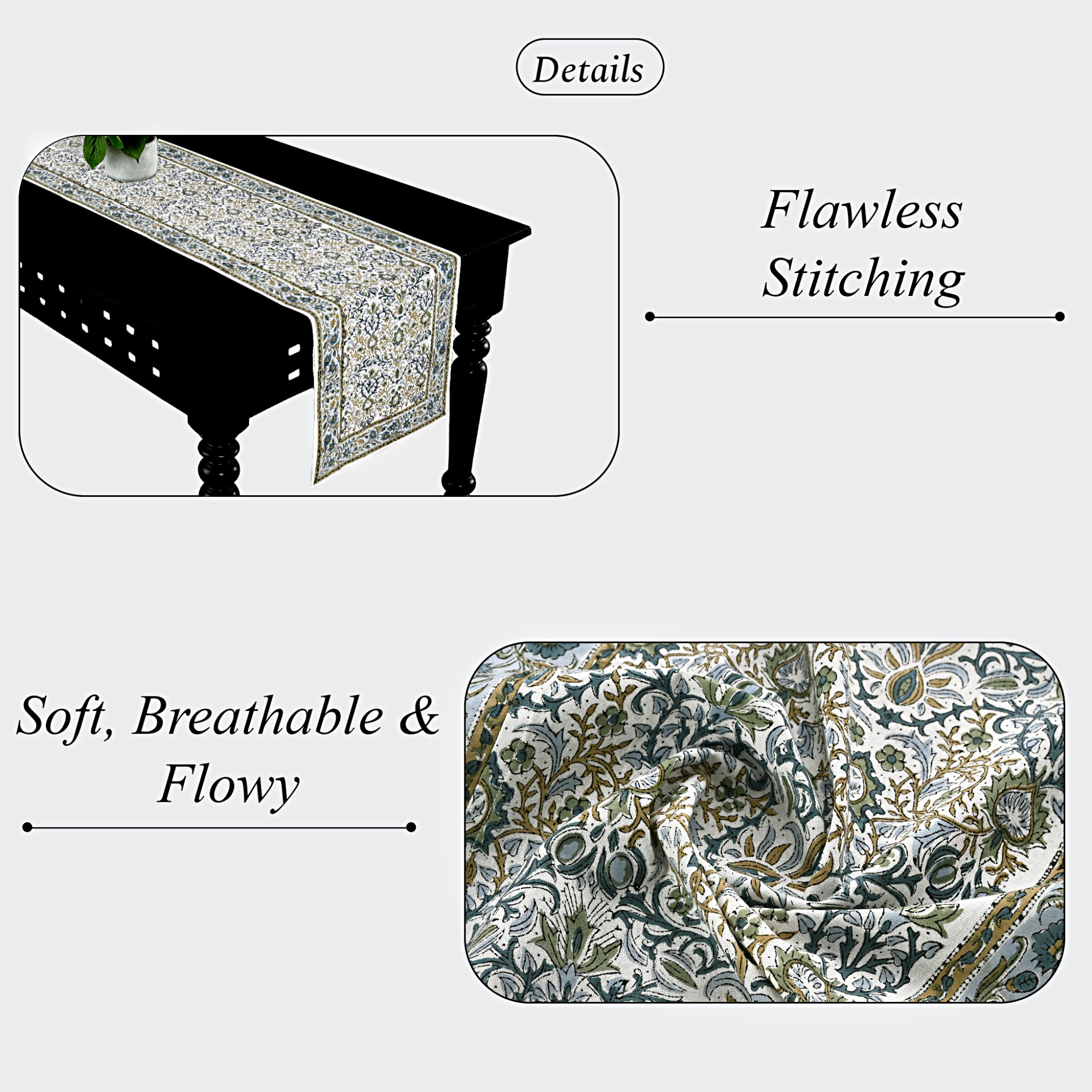 Decorative table runner with floral pattern on a white background, highlighting 'Flawless Stitching' and 'Soft, Breathable & Flowy' text.