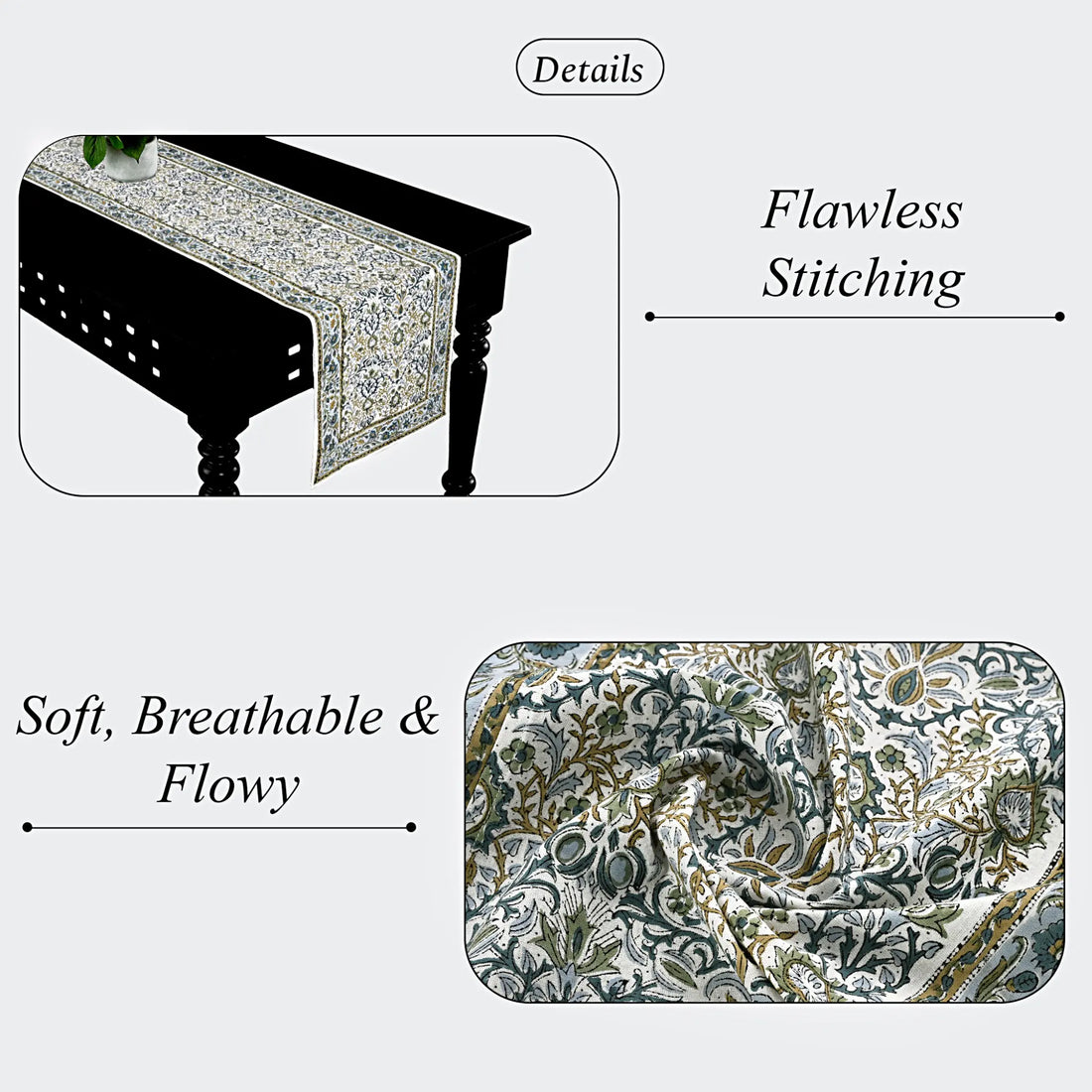 Decorative table runner with floral pattern on a white background, highlighting 'Flawless Stitching' and 'Soft, Breathable & Flowy' text.