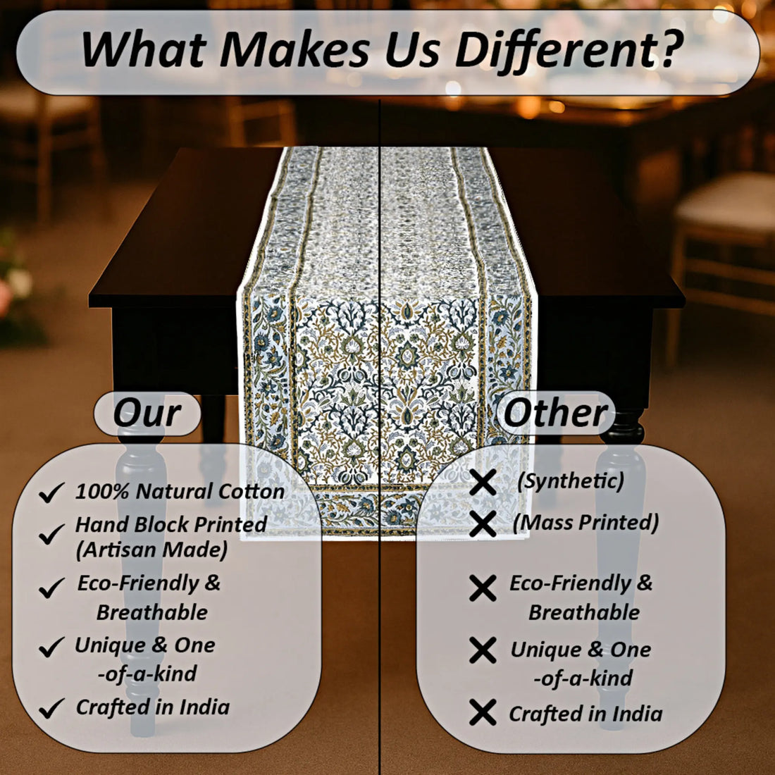 Table runner with text comparing natural cotton products to synthetic ones, set against a blurred indoor background.