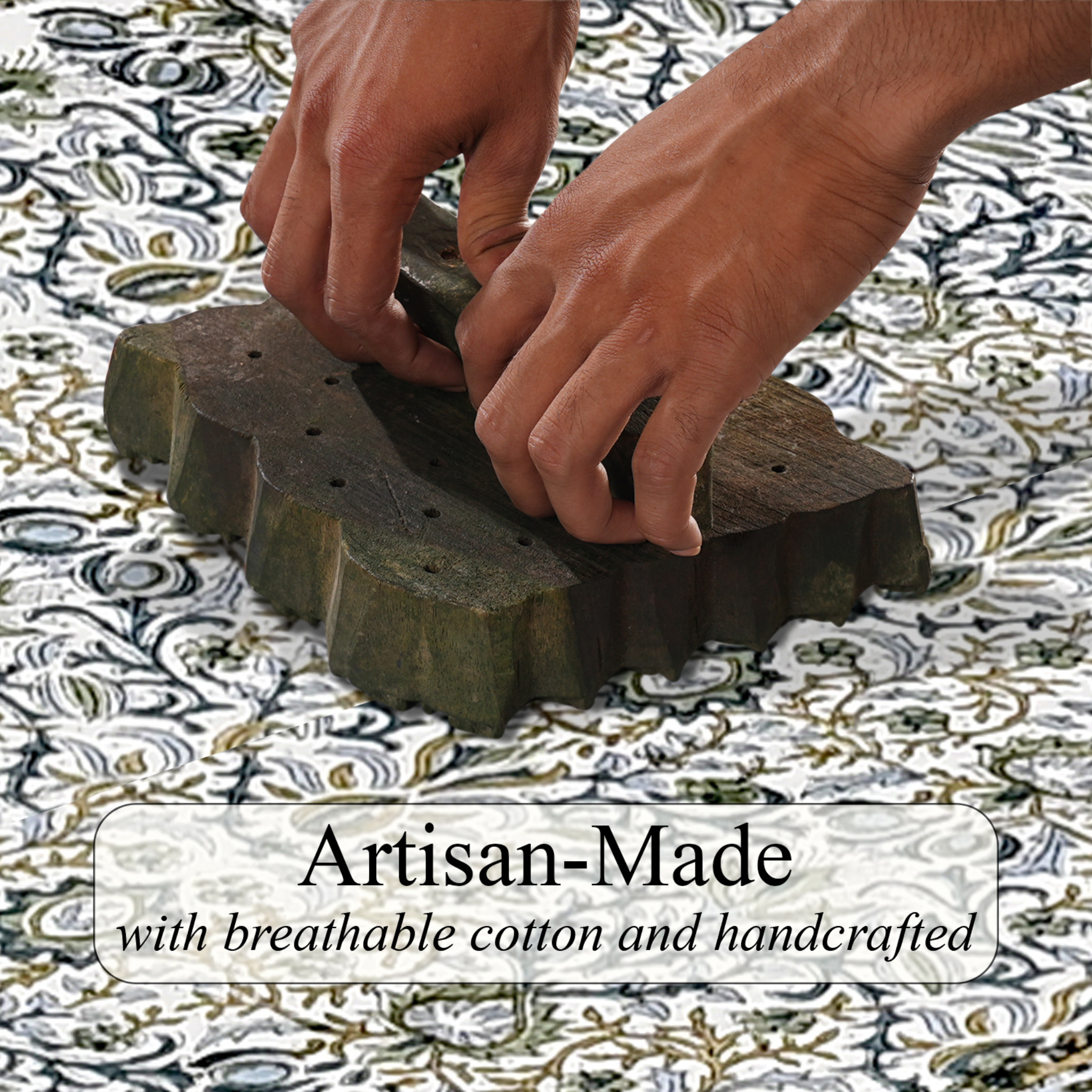 Hands using a wooden tool on a patterned fabric with 'Artisan-Made' text overlay.