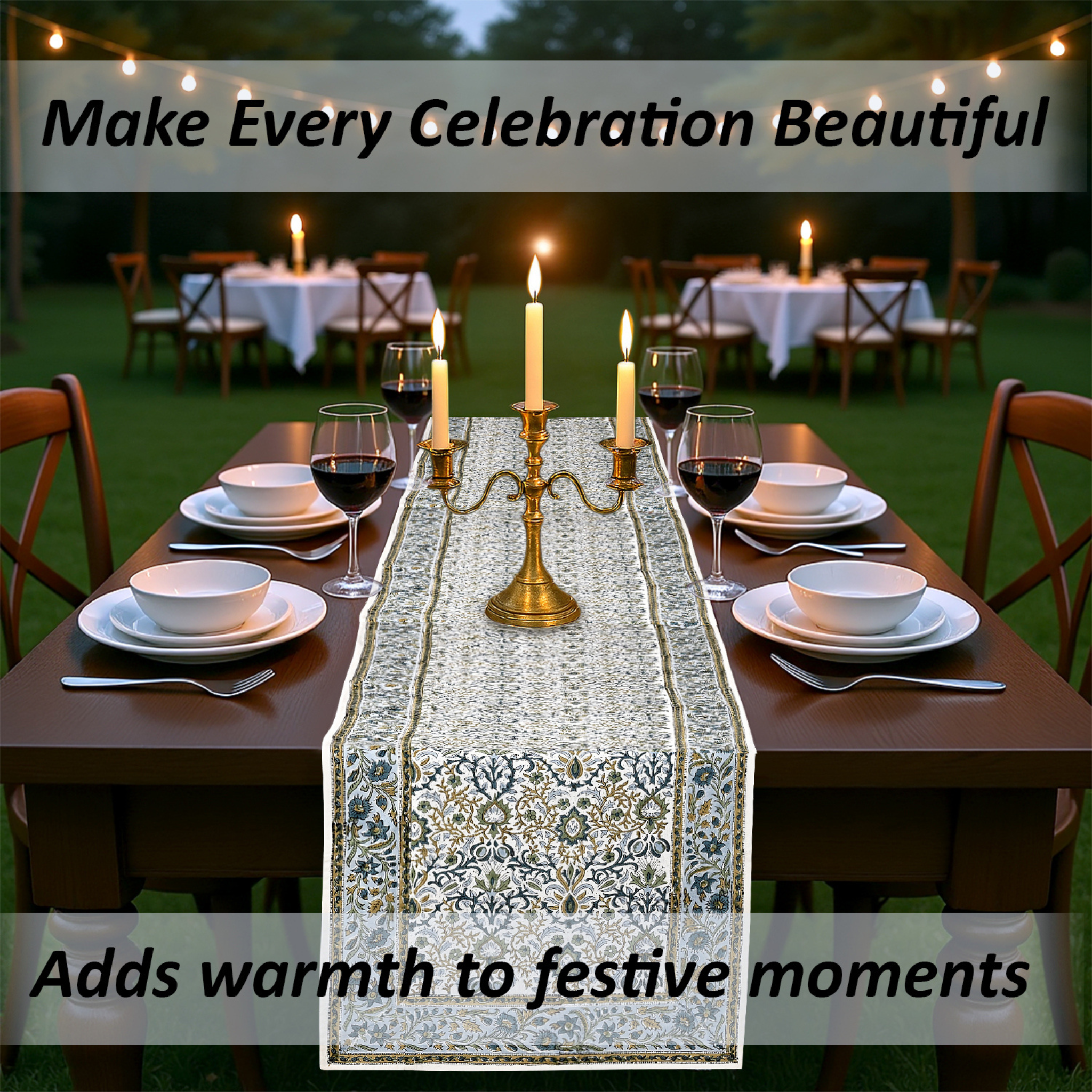 Dining table set for a celebration with candles and a decorative table runner, text overlay about making celebrations beautiful.