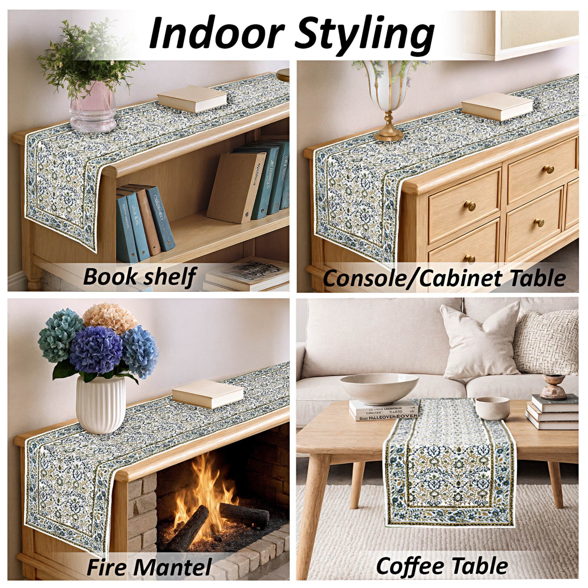 Collage of a decorative table runner used on various furniture pieces including a bookshelf, console cabinet, fire mantel, and coffee table.