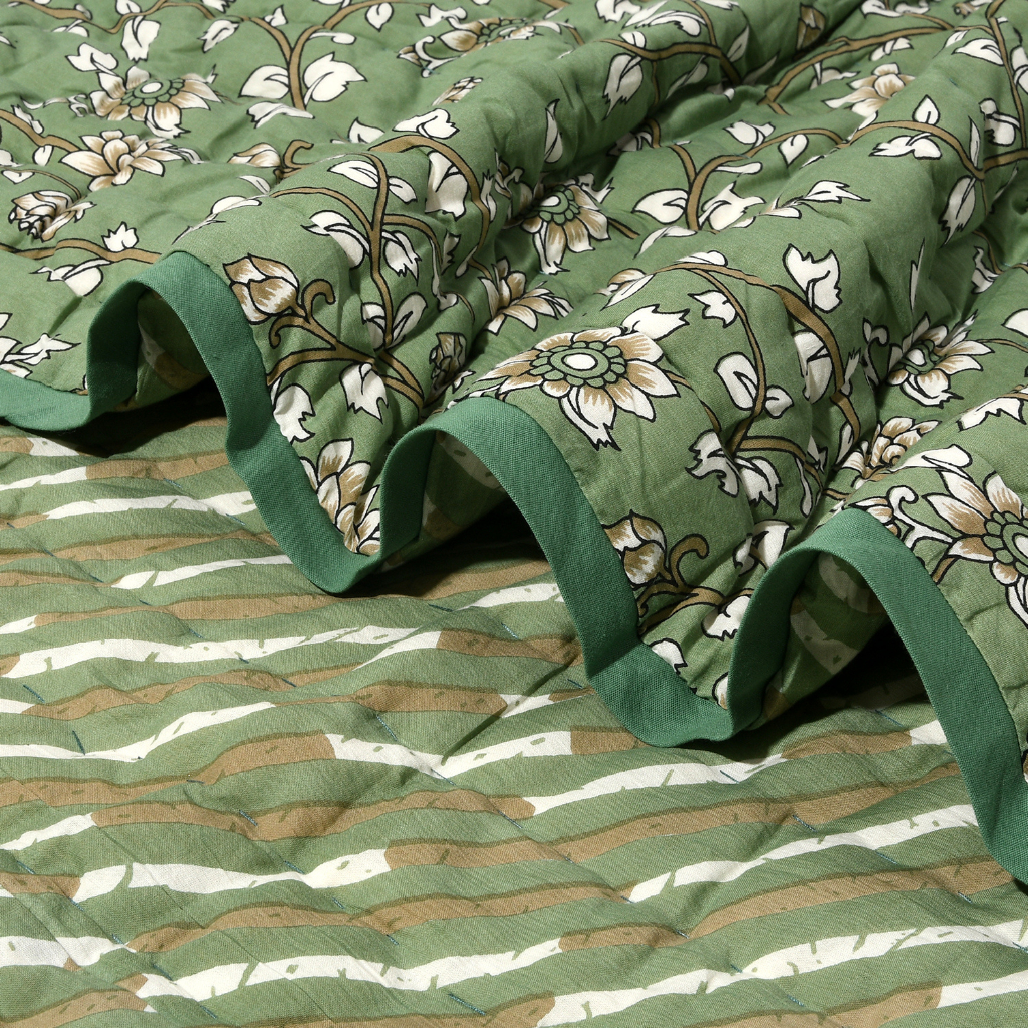 Green floral fabric with ruffled edge