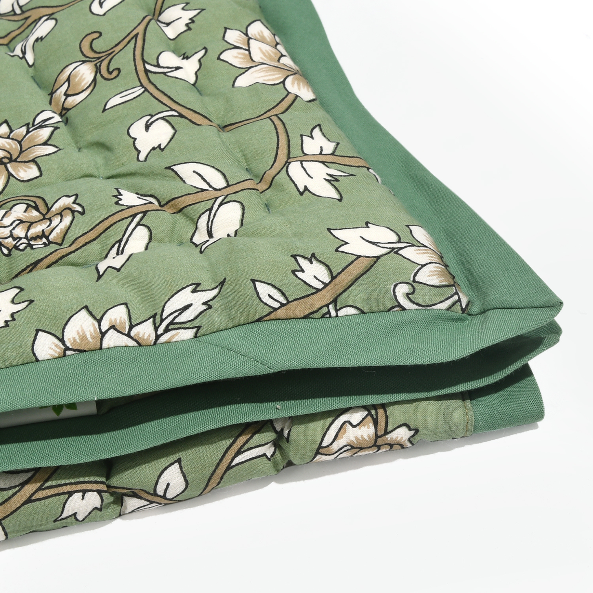 Green fabric with floral pattern on a white background