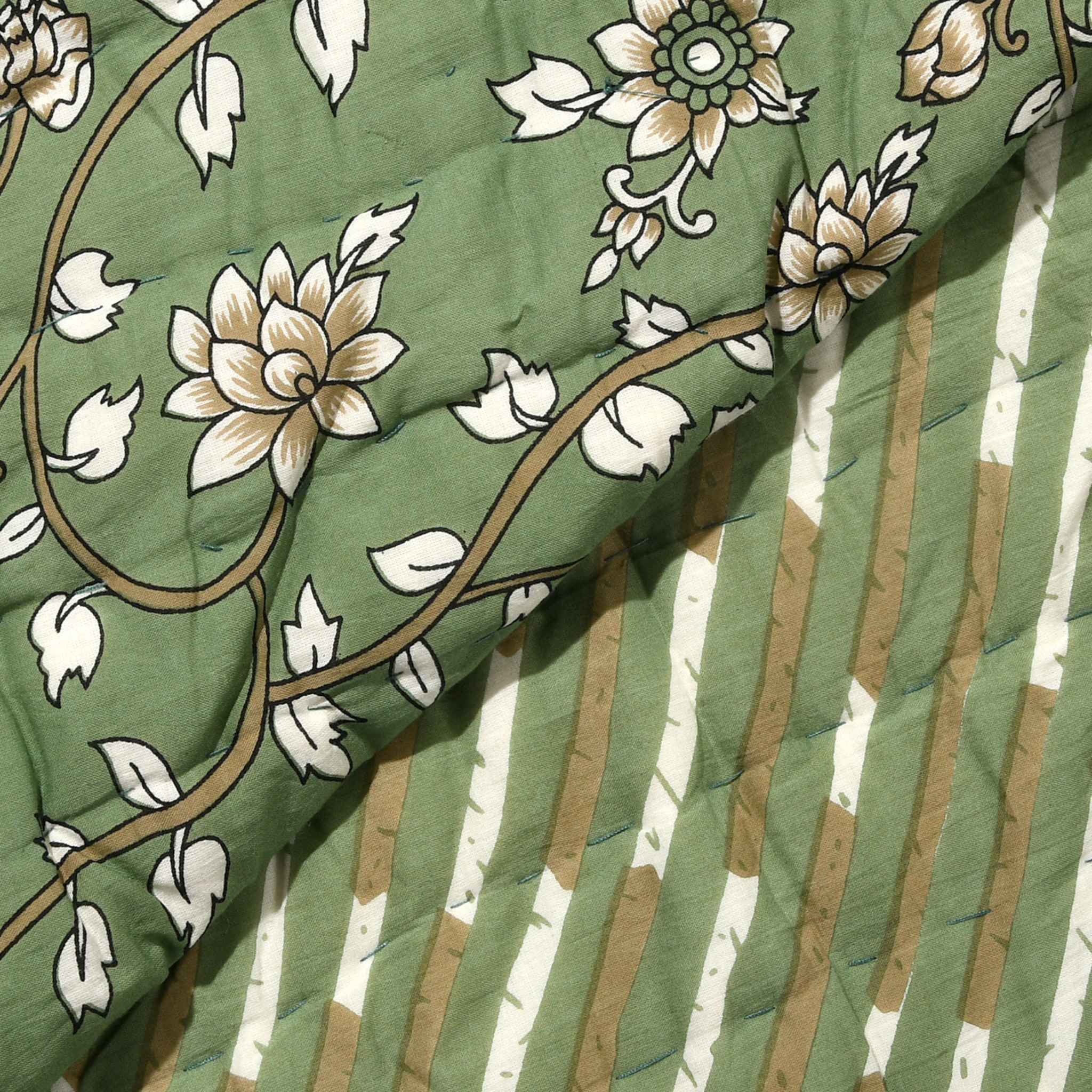 Close-up of floral patterned fabric with green background