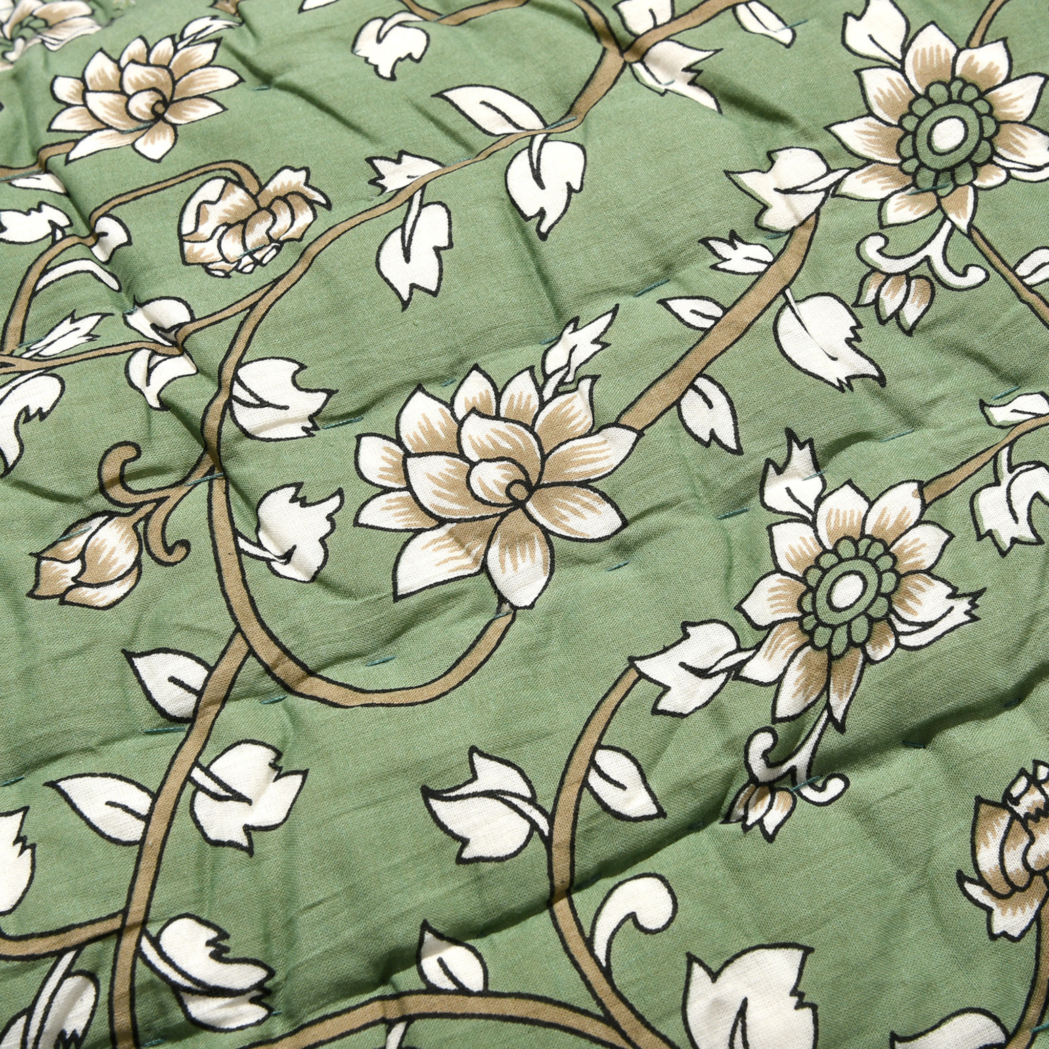 Floral patterned fabric with white flowers on a green background
