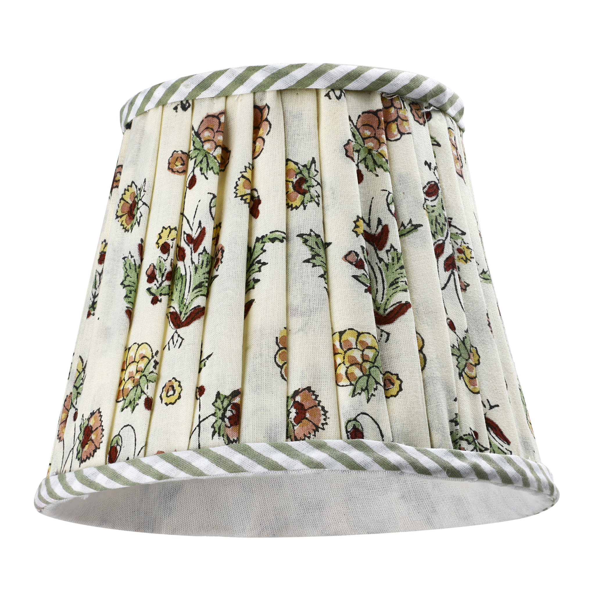 Floral patterned lampshade with green and white striped trim on a white background