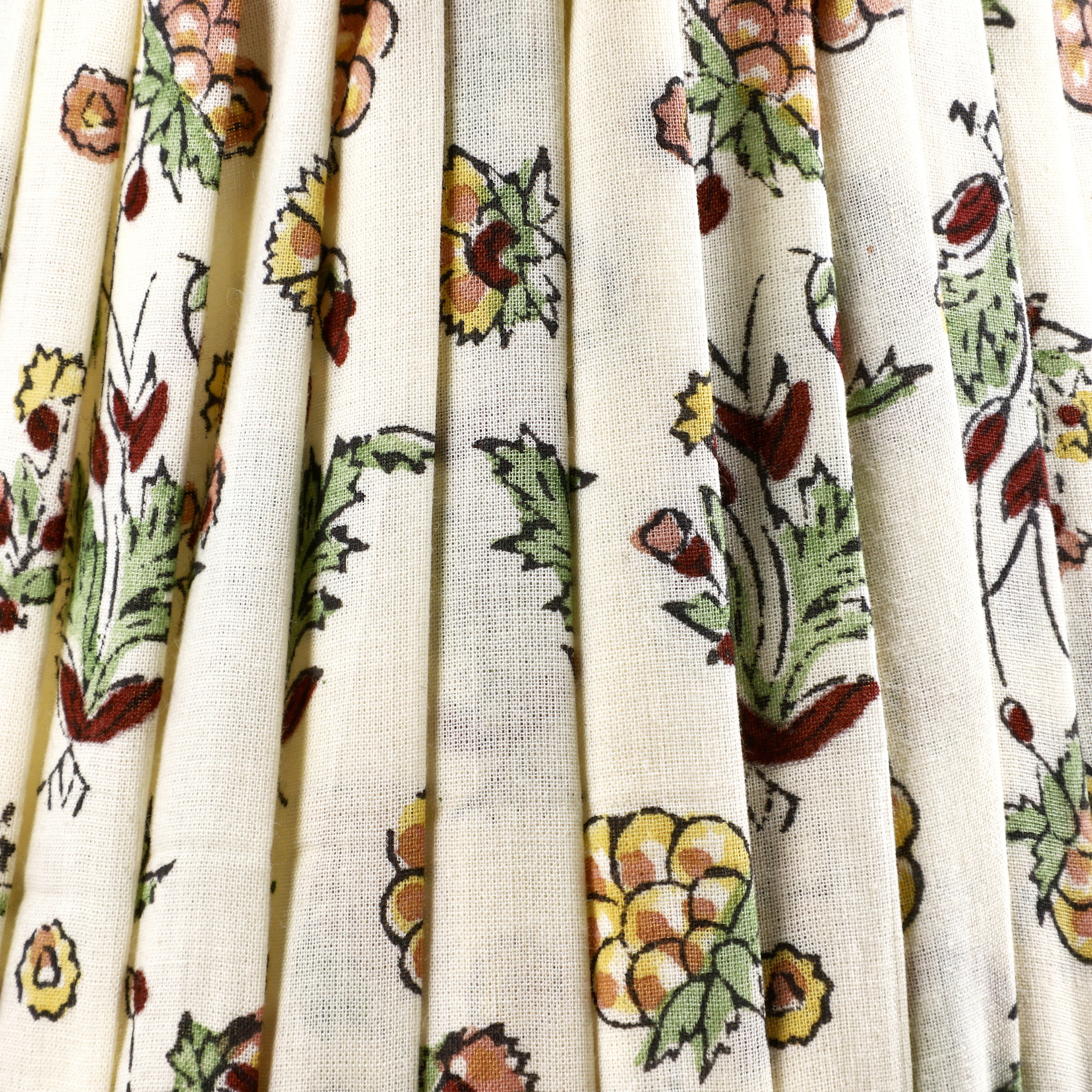 Close-up of fabric with floral patterns in green, brown, and yellow on a white background
