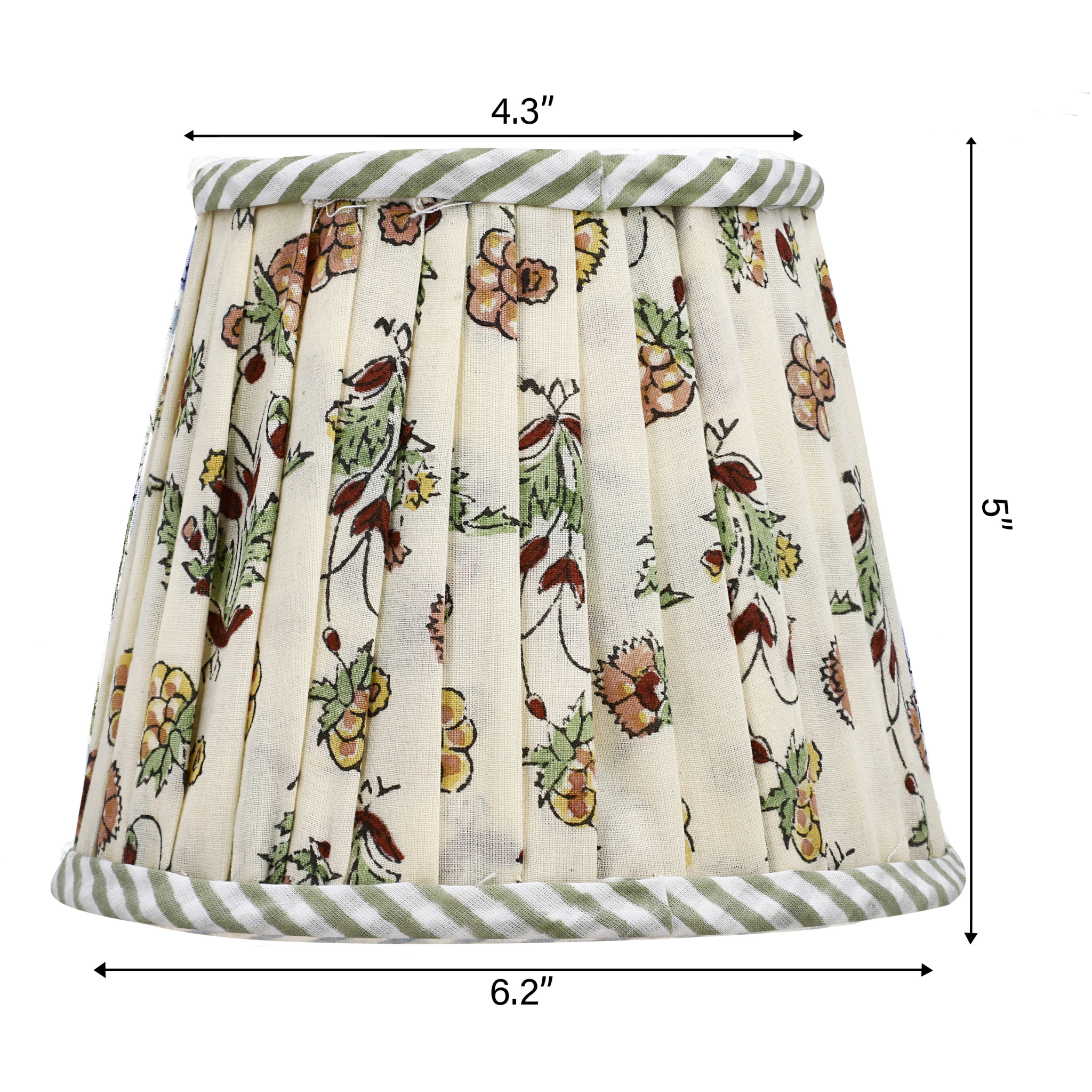Floral patterned lampshade with measurements on a white background