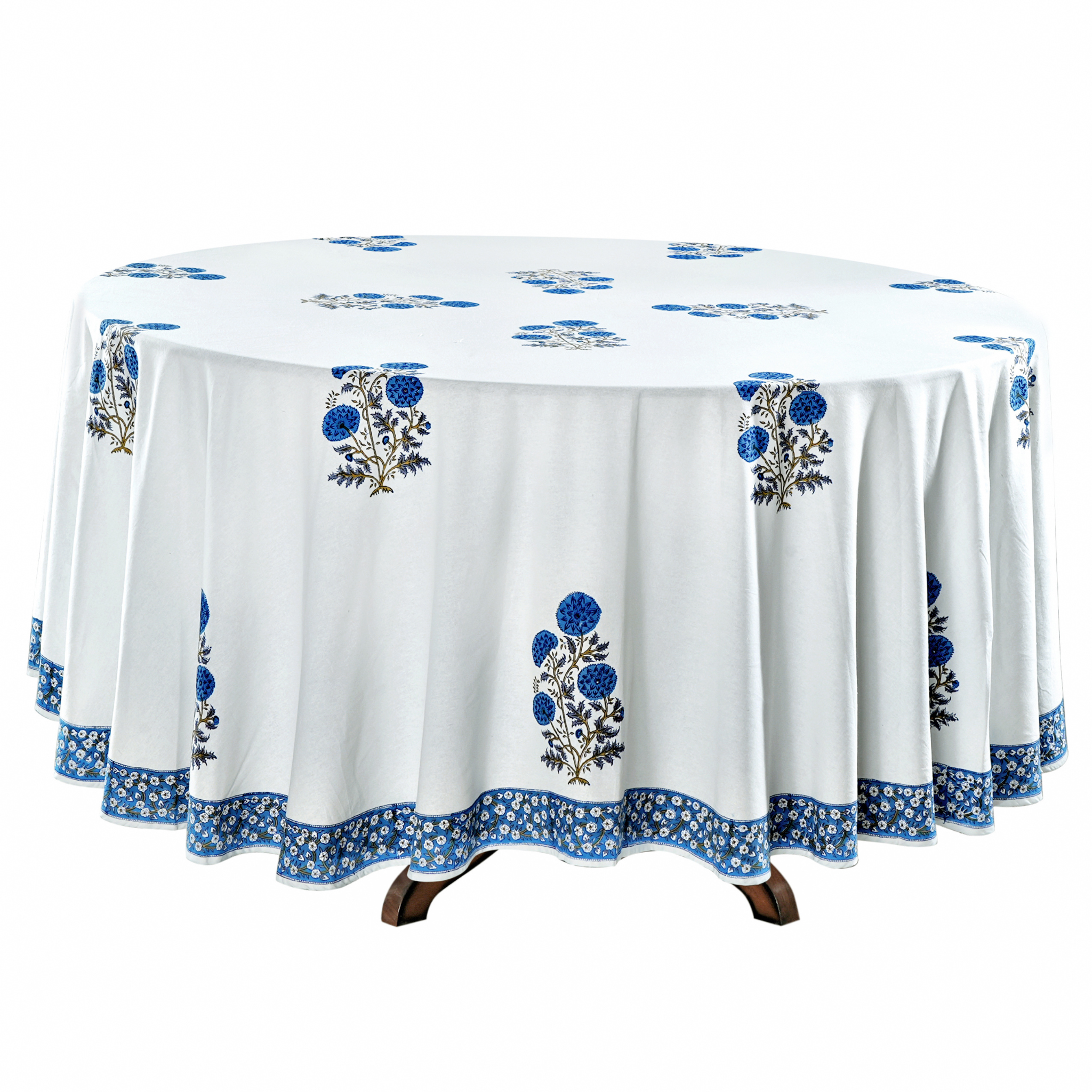Round tablecloth with blue floral patterns on a white background