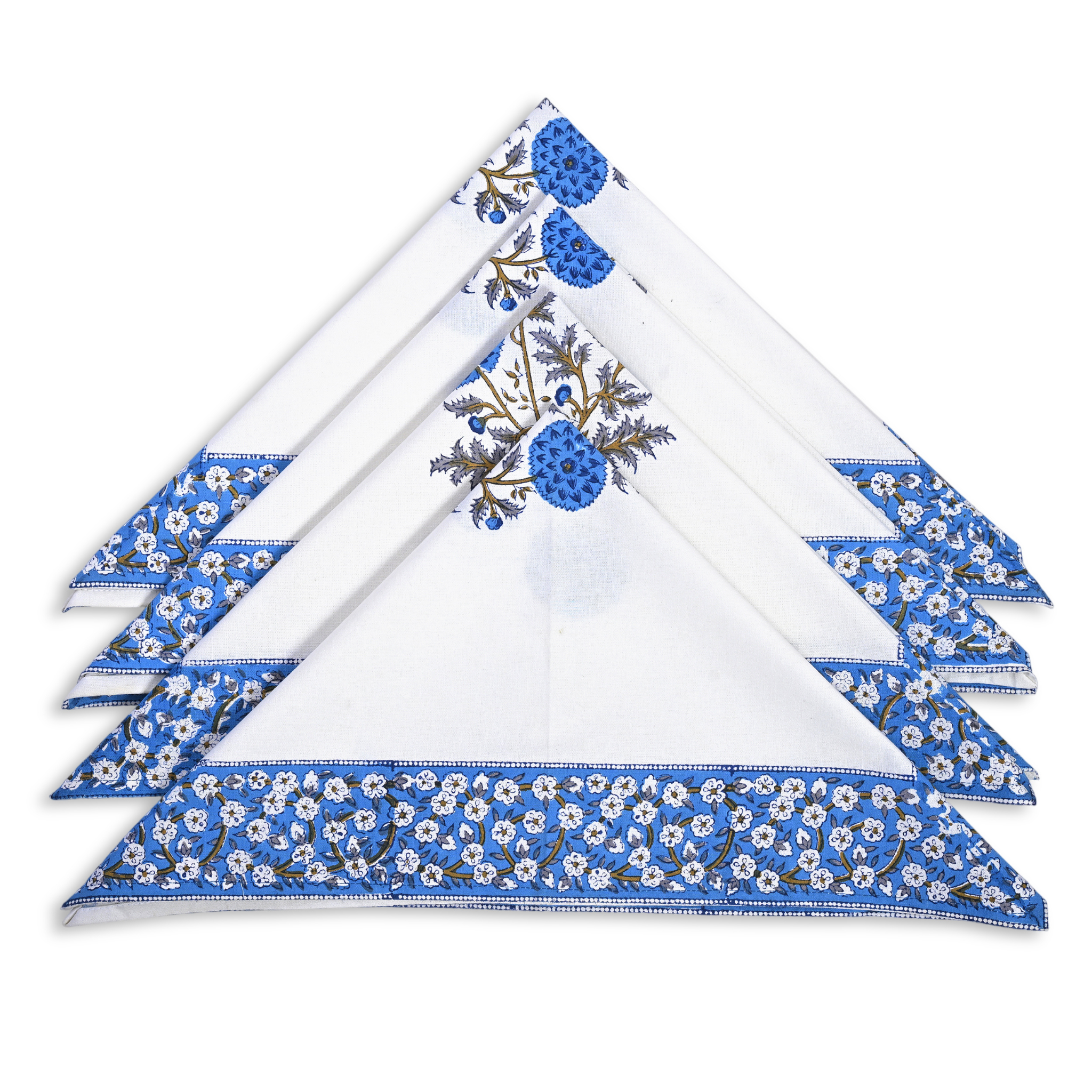 Set of three white napkins with blue floral patterns on a white background
