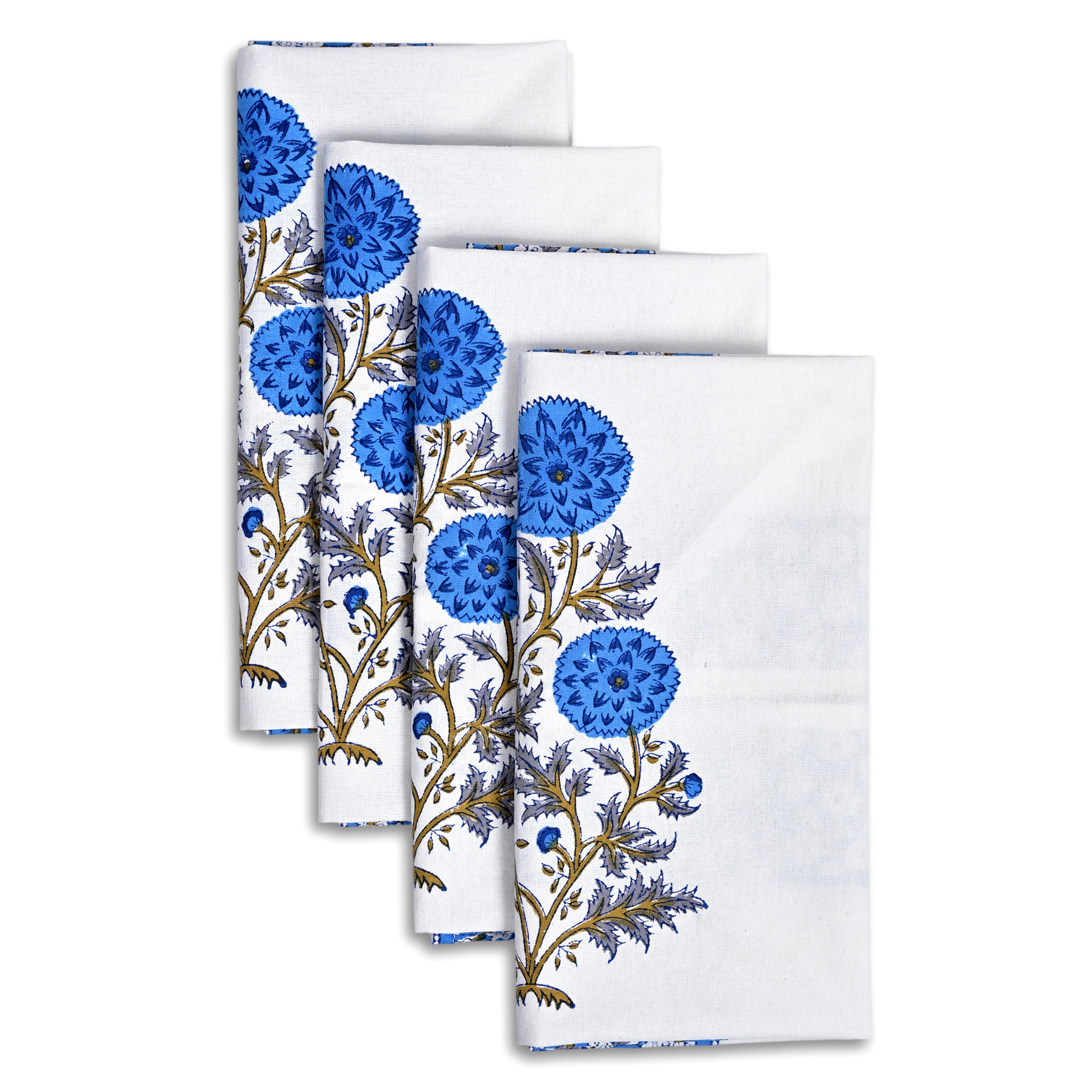 Set of four white napkins with blue floral patterns on a white background