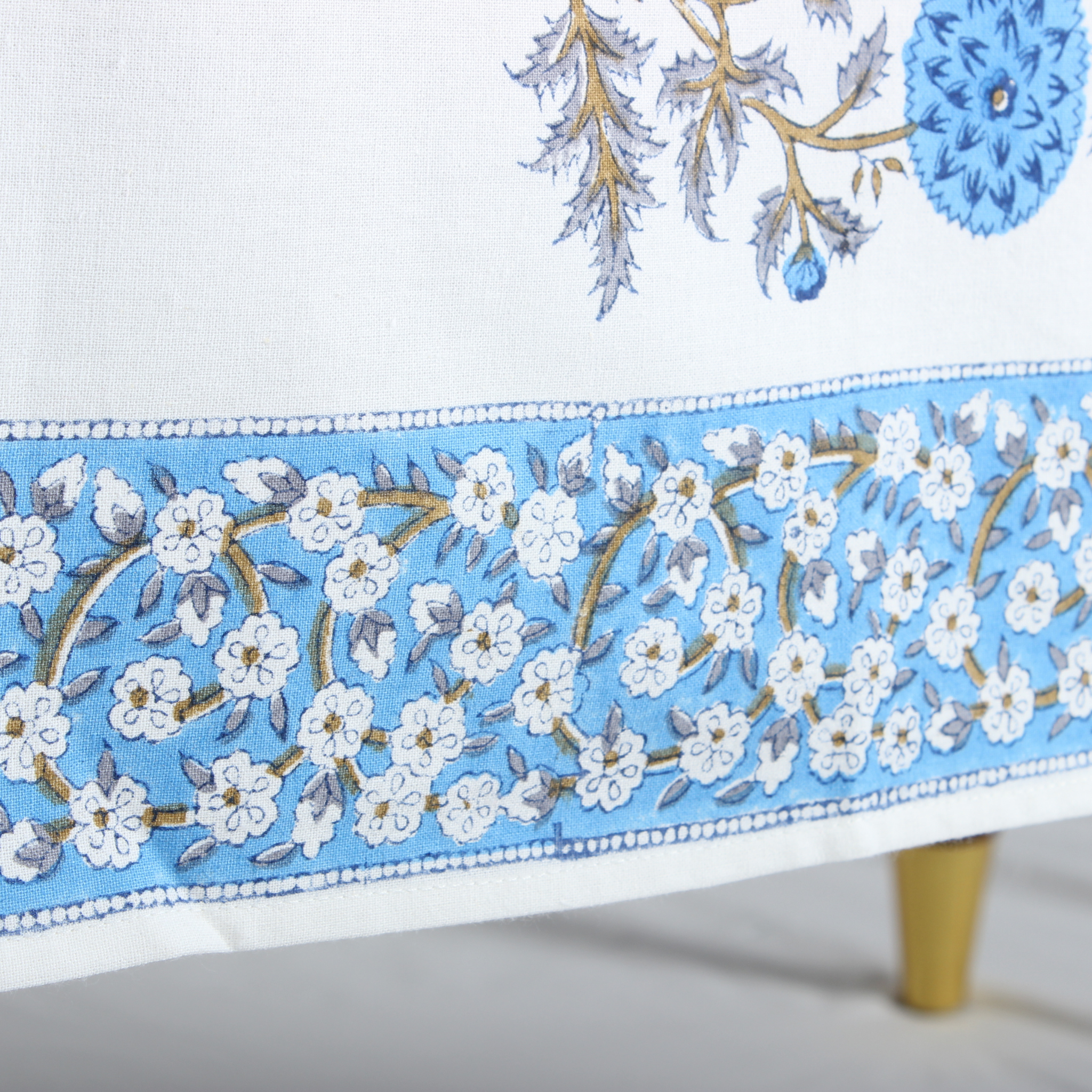 Decorative tablecloth with floral embroidery on a white surface