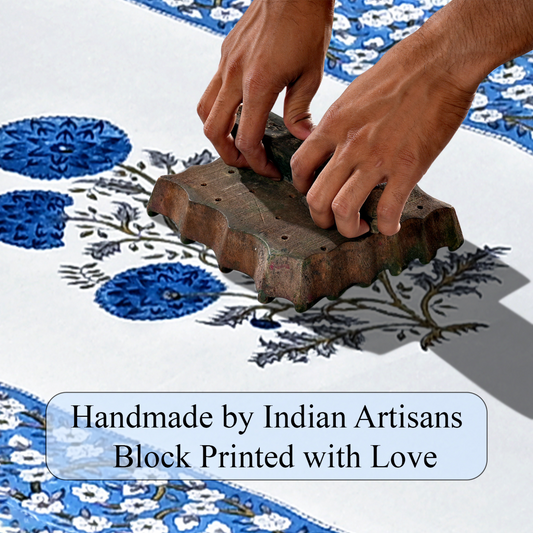 Handmade block printing process with text 'Handmade by Indian Artisans Block Printed with Love'.