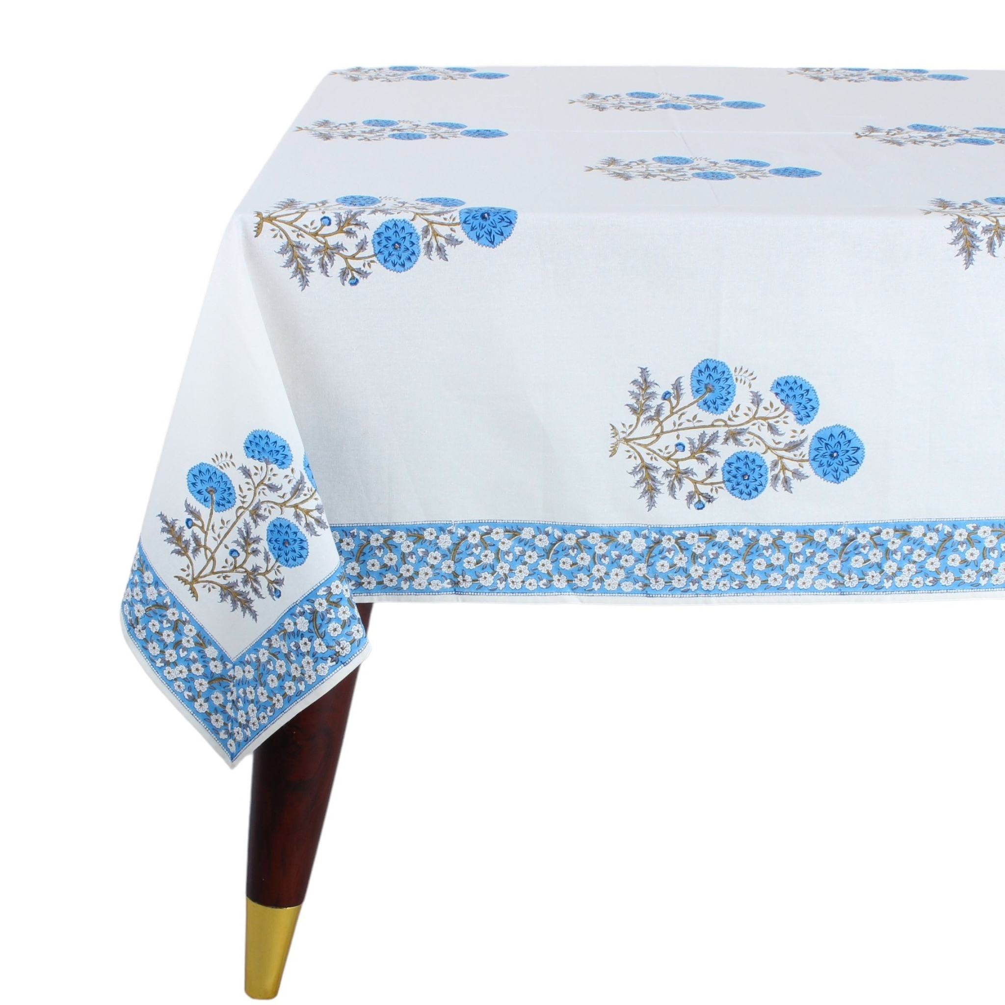Tablecloth with blue floral pattern on a white background