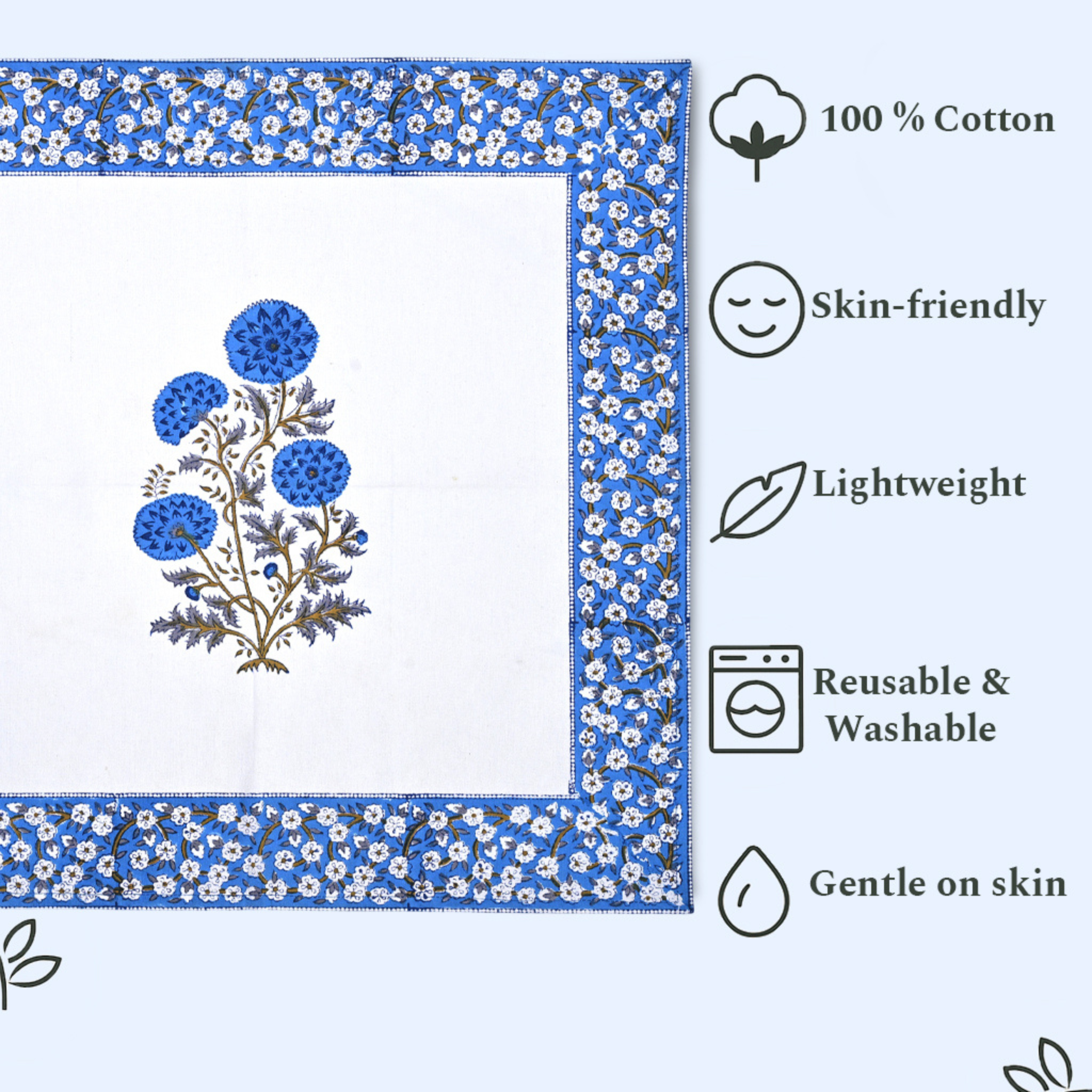 Floral design with text highlighting features like 100% cotton, skin-friendly, lightweight, reusable, washable, and gentle on skin.