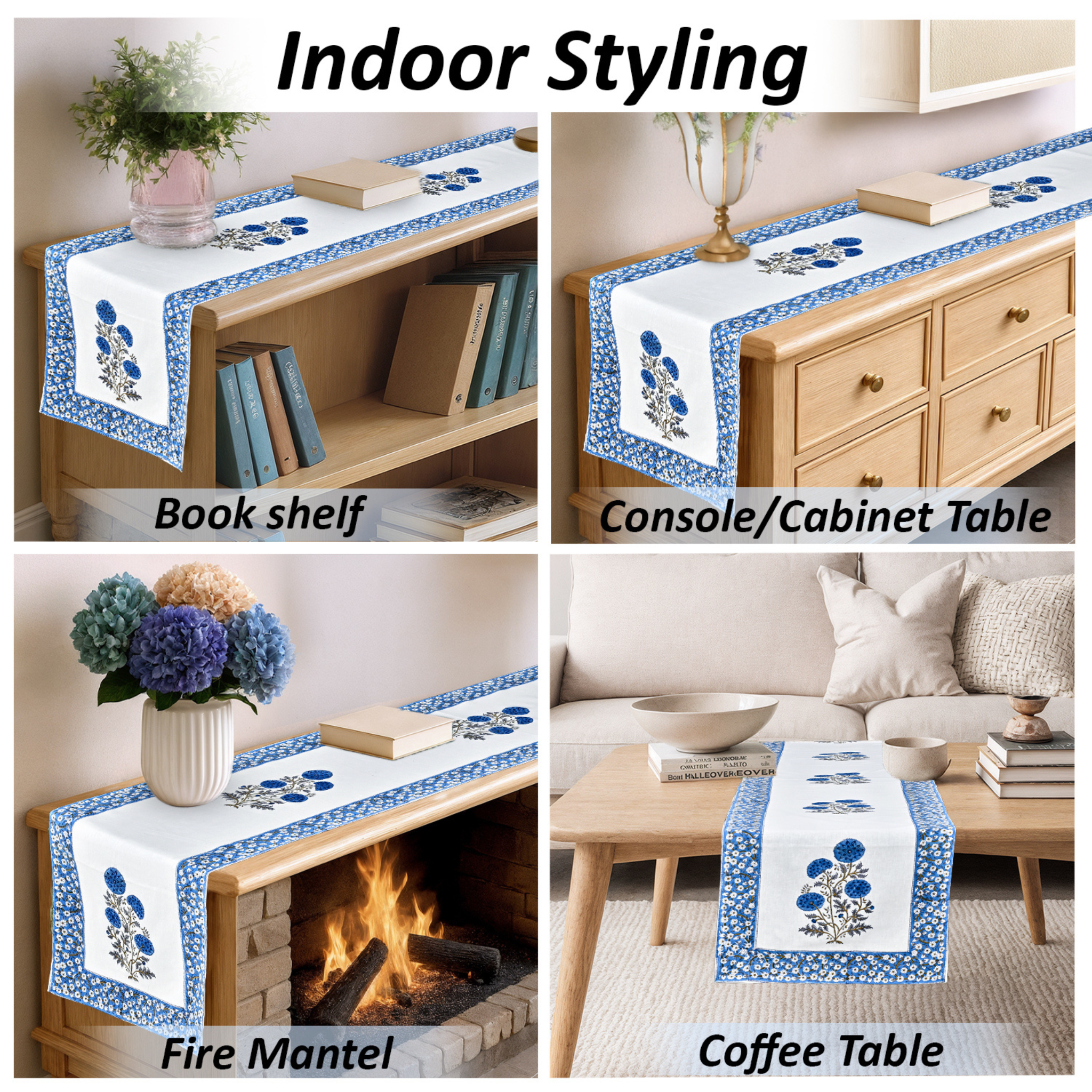 Table runner with blue floral design displayed on various furniture pieces including a bookshelf, console table, fire mantel, and coffee table.