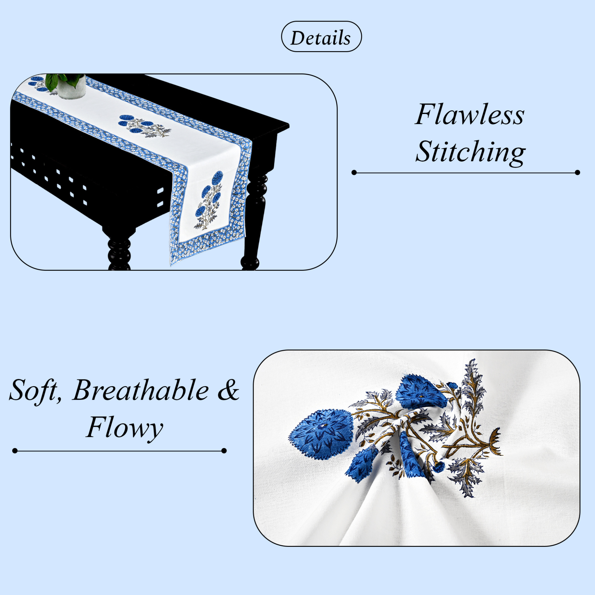 Table runner with floral embroidery on a table, highlighting 'Flawless Stitching' and 'Soft, Breathable & Flowy' text.