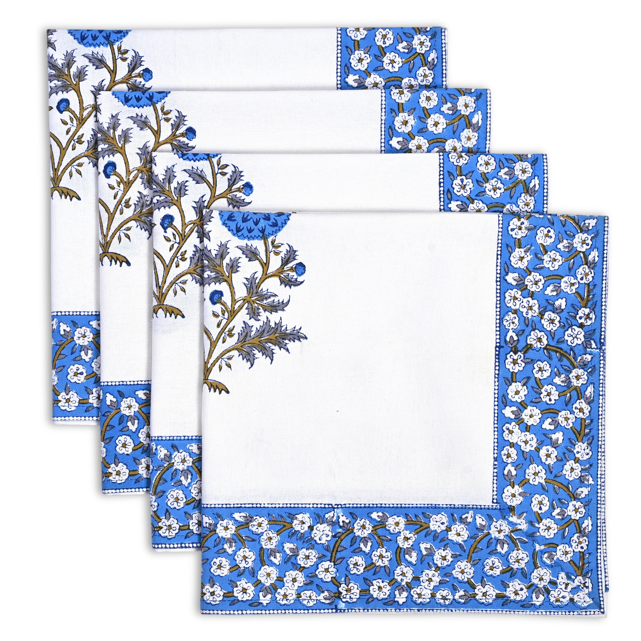 Set of four square placemats with blue floral border on a white background