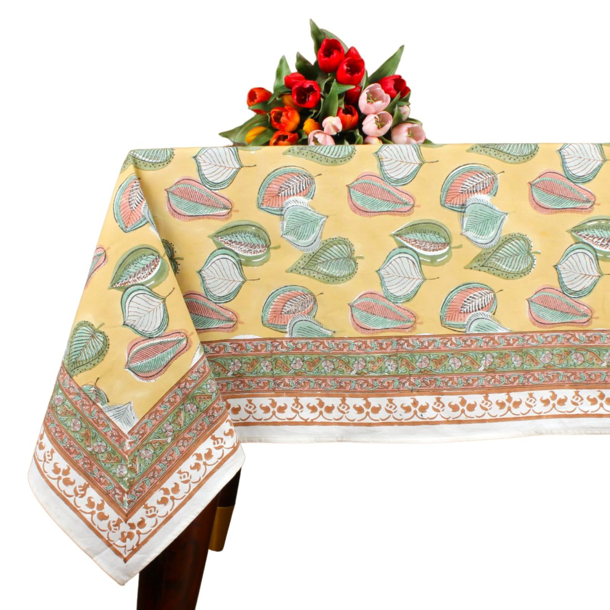 Decorative tablecloth with floral pattern on a white background