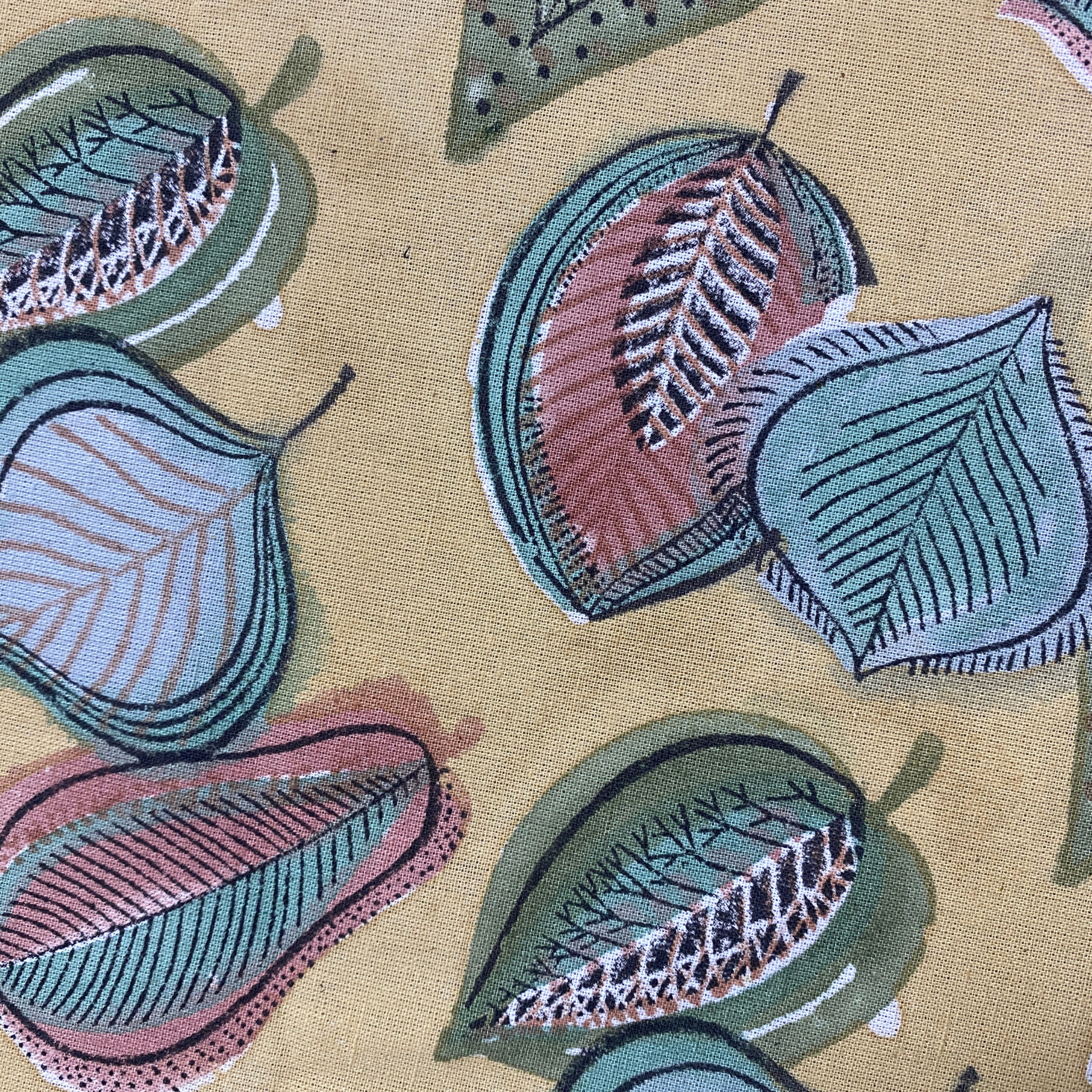 Embroidered leaf patterns on a fabric background