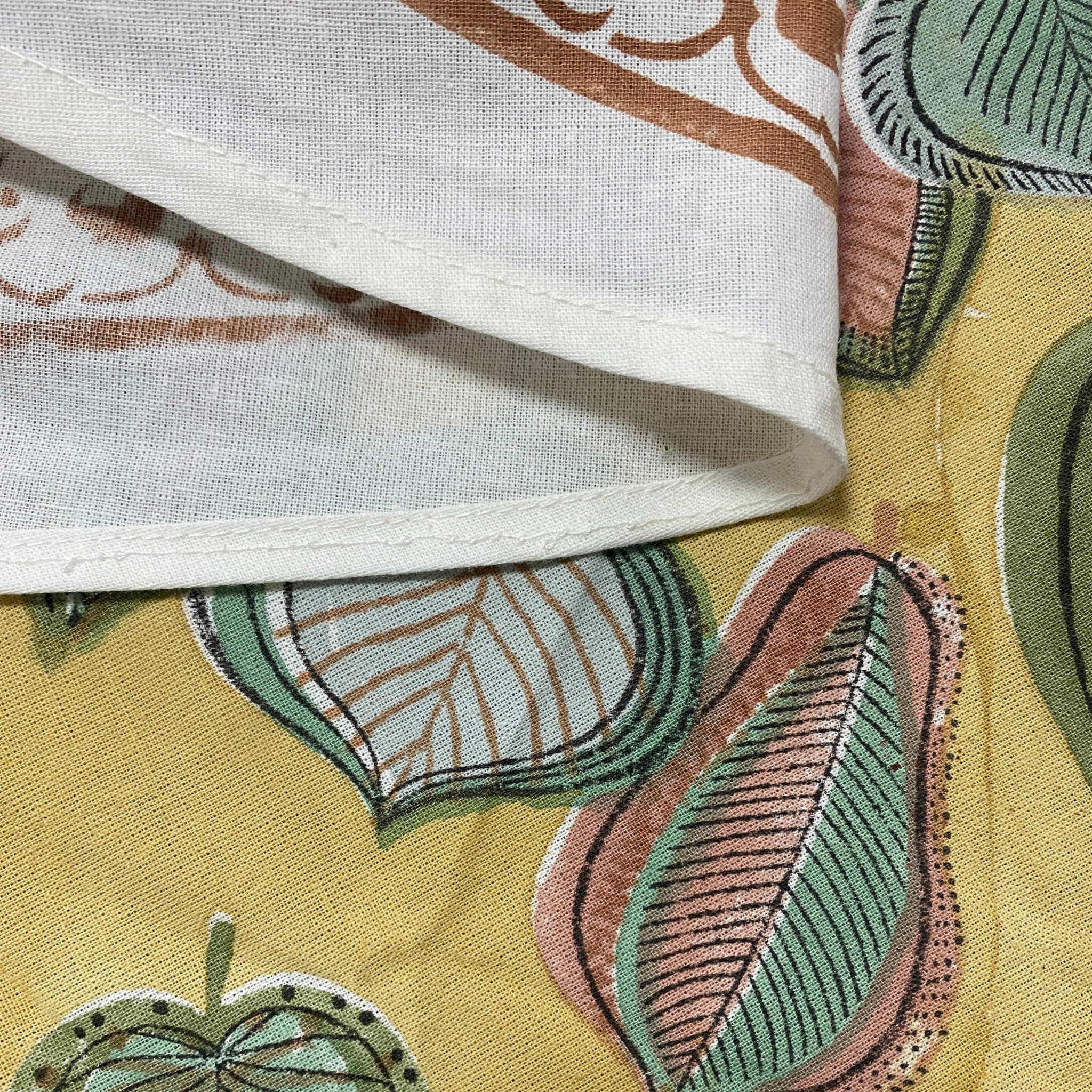 Close-up of a fabric with a floral pattern on a yellow background