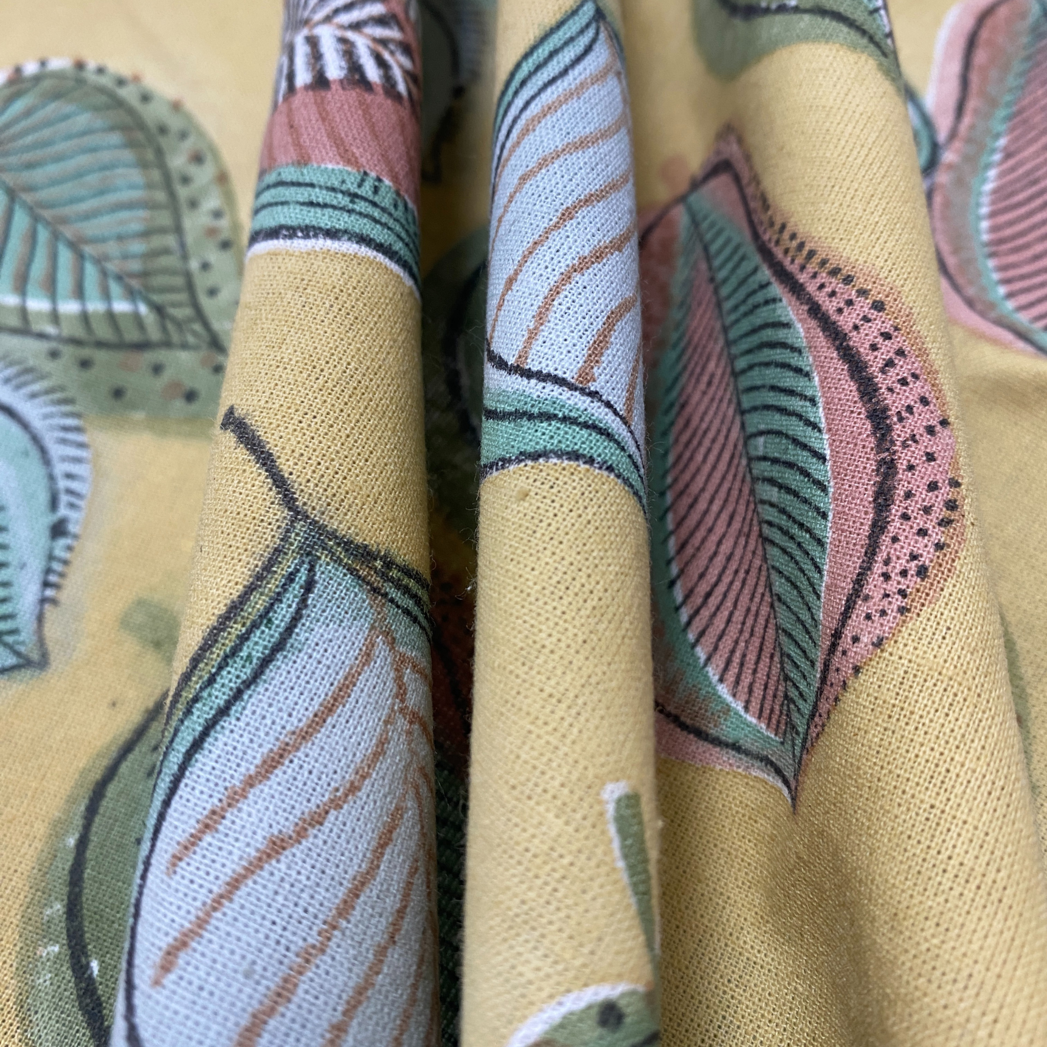 Close-up of fabric with a floral pattern on a yellow background