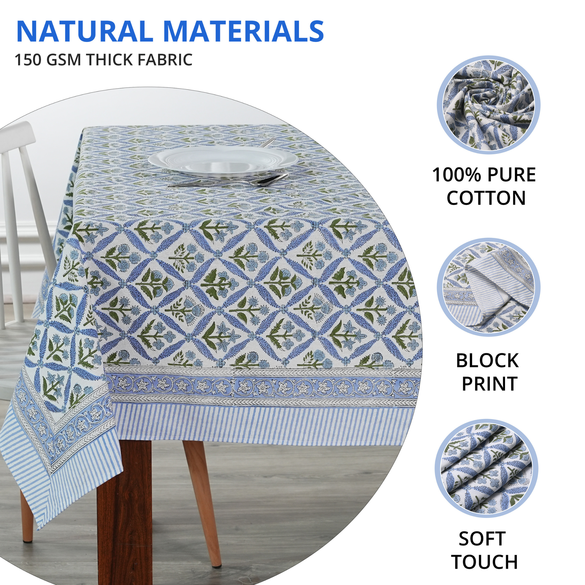 Tablecloth with geometric pattern on a table, featuring text about natural materials and fabric details.