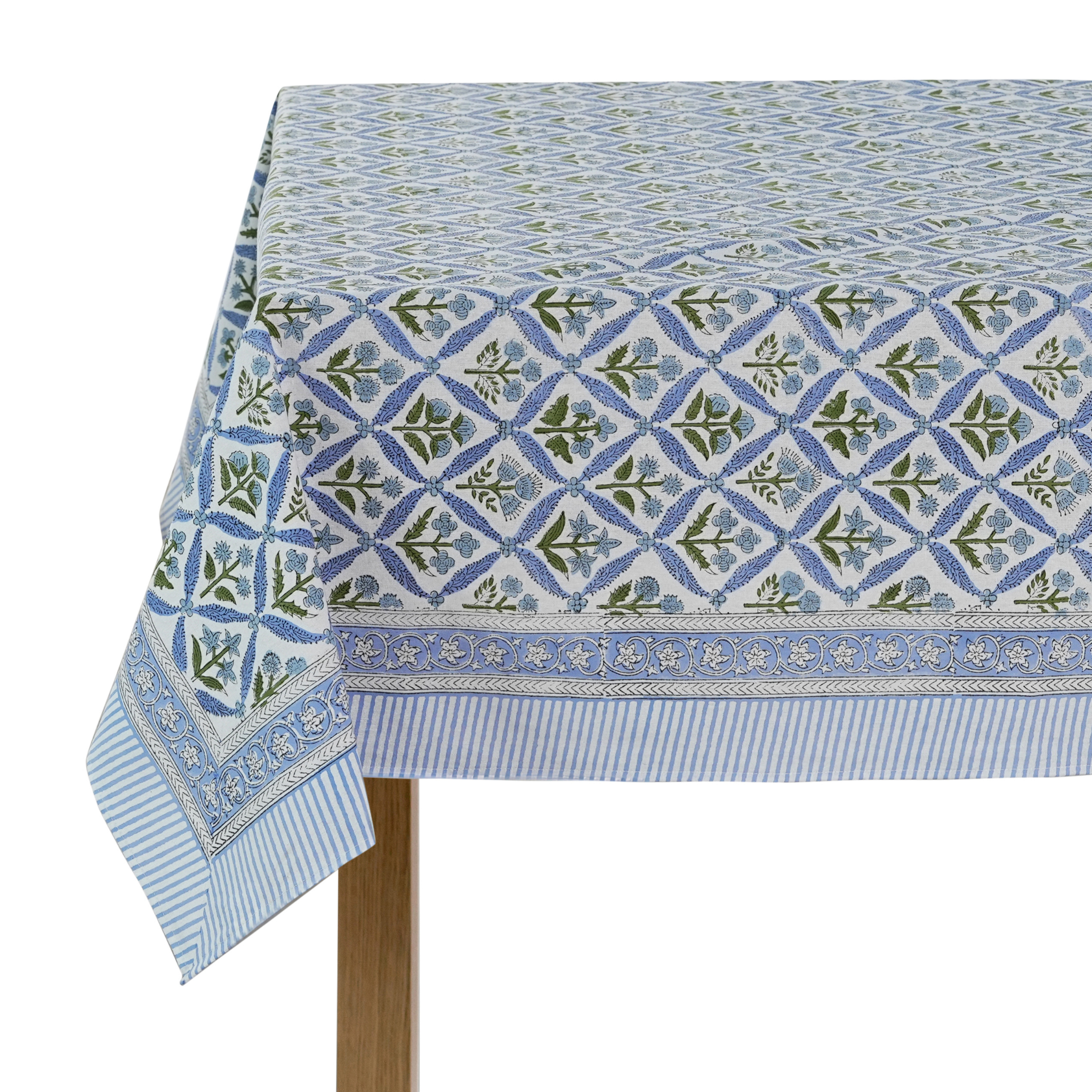 Patterned tablecloth with blue and green design on a white background