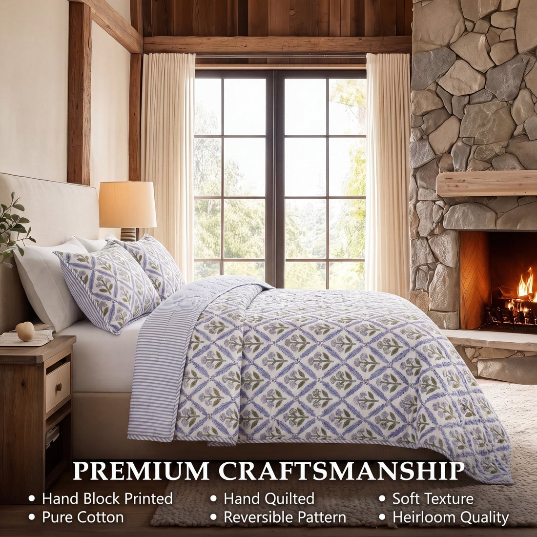Light Steel Blue Quilt Ridhi Block Print
